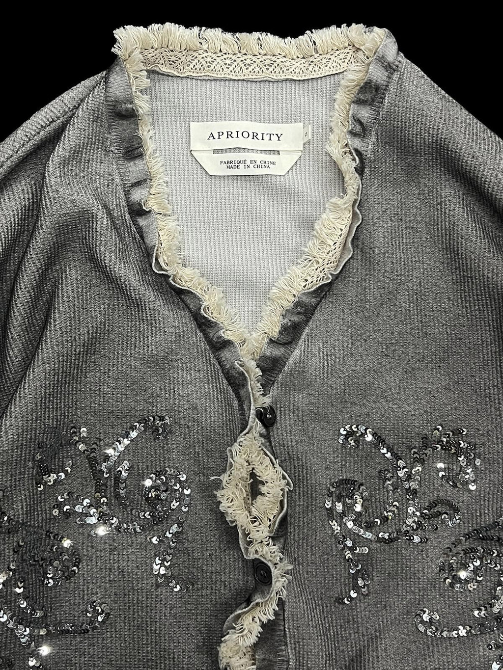 APRIORITY Gray Sequin Embroidered Distressed Women's Recycled Viscose Blend Cardigans