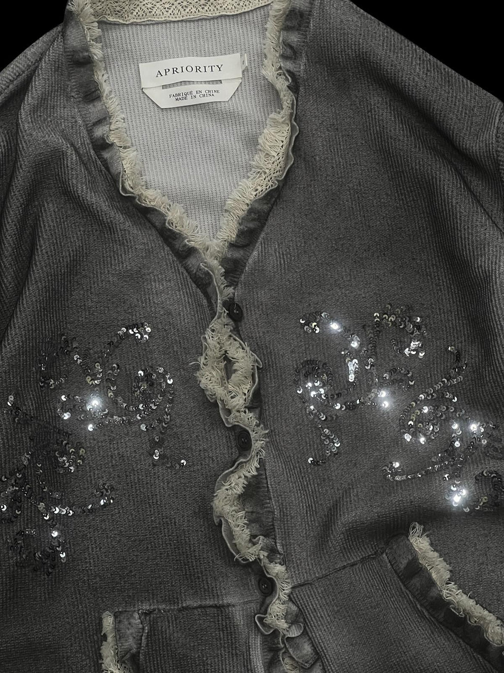 APRIORITY Gray Sequin Embroidered Distressed Women's Recycled Viscose Blend Cardigans