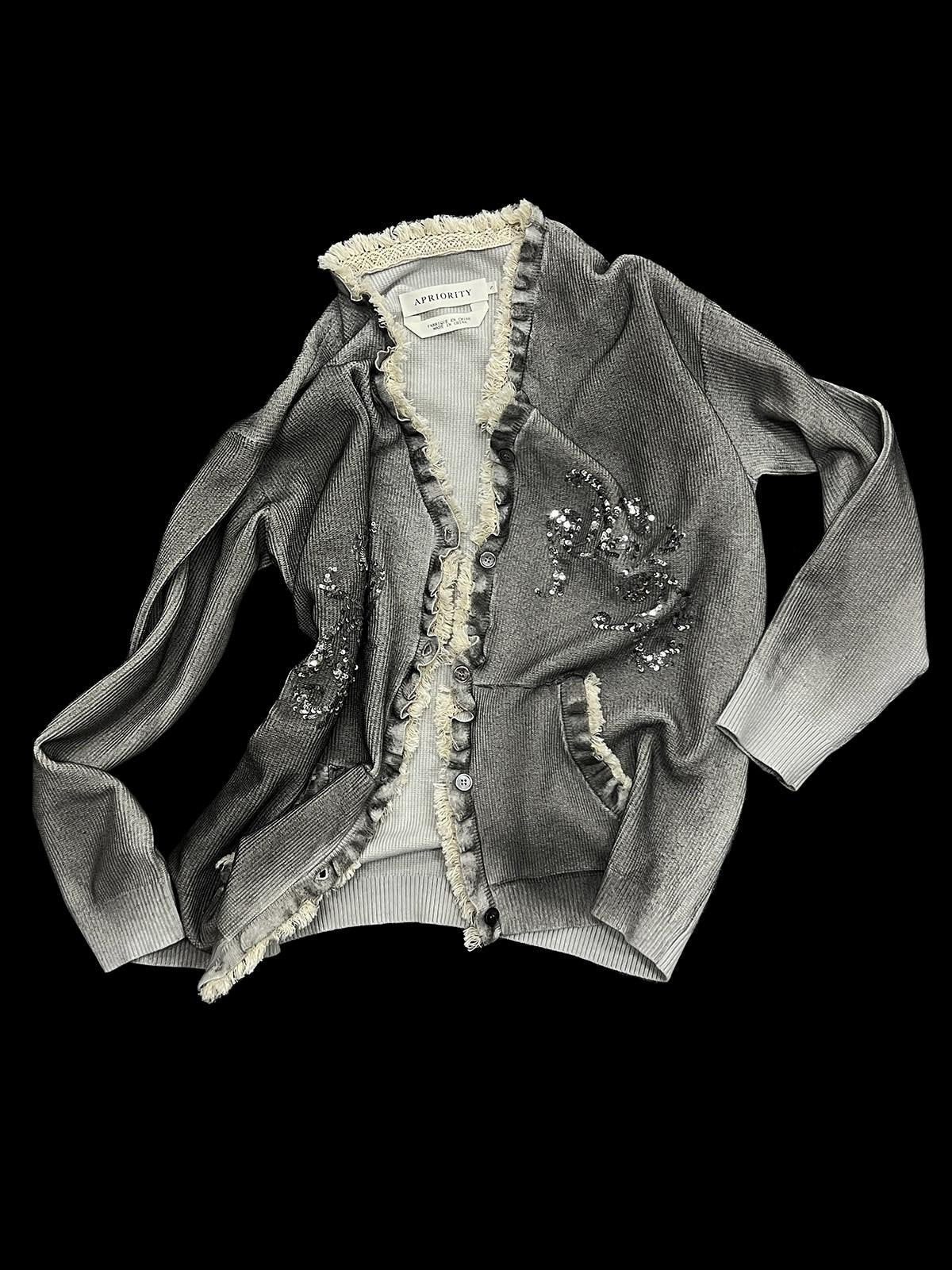 APRIORITY Gray Sequin Embroidered Distressed Women's Recycled Viscose Blend Cardigans