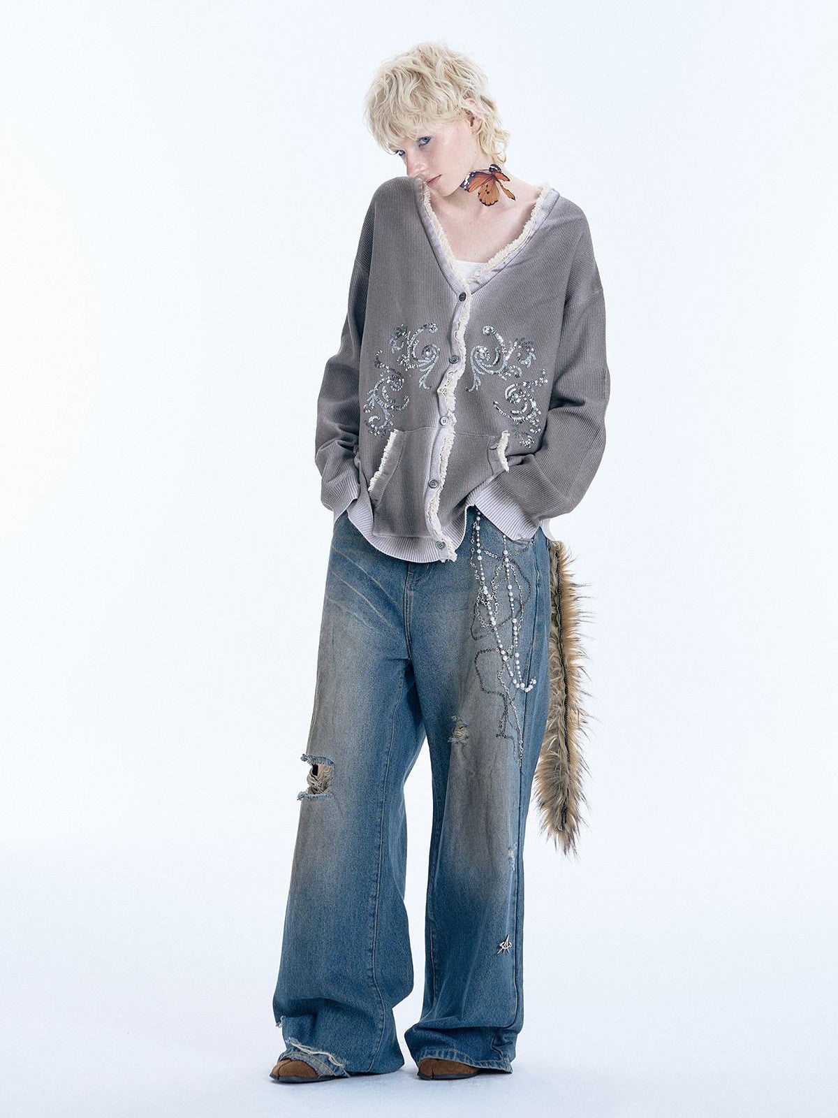 APRIORITY Gray Sequin Embroidered Distressed Women's Recycled Viscose Blend Cardigans