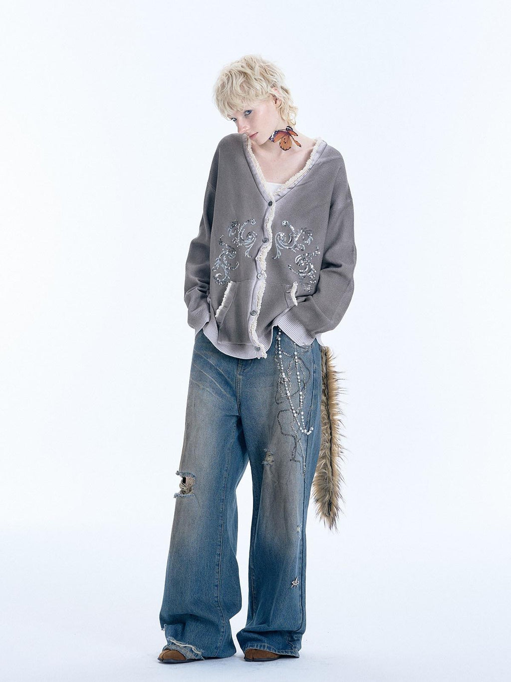 APRIORITY Gray Sequin Embroidered Distressed Women's Recycled Viscose Blend Cardigans