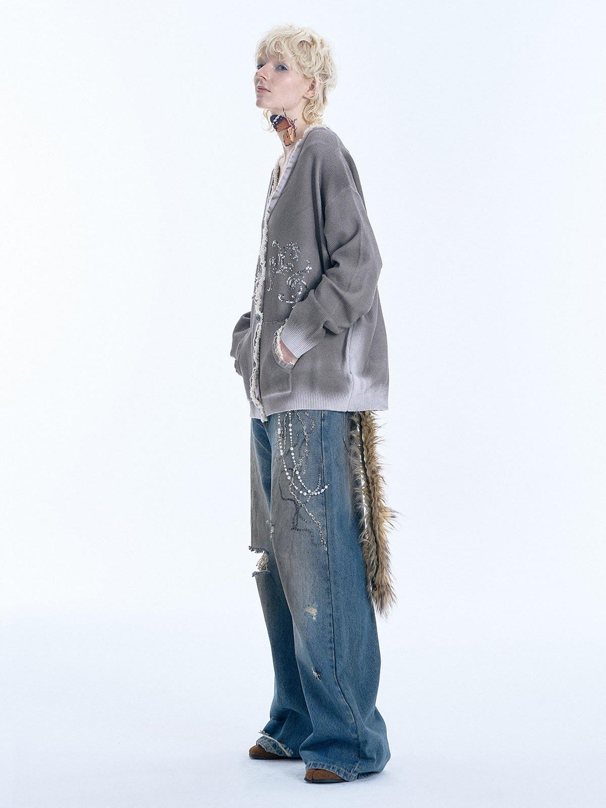 APRIORITY Gray Sequin Embroidered Distressed Women's Recycled Viscose Blend Cardigans