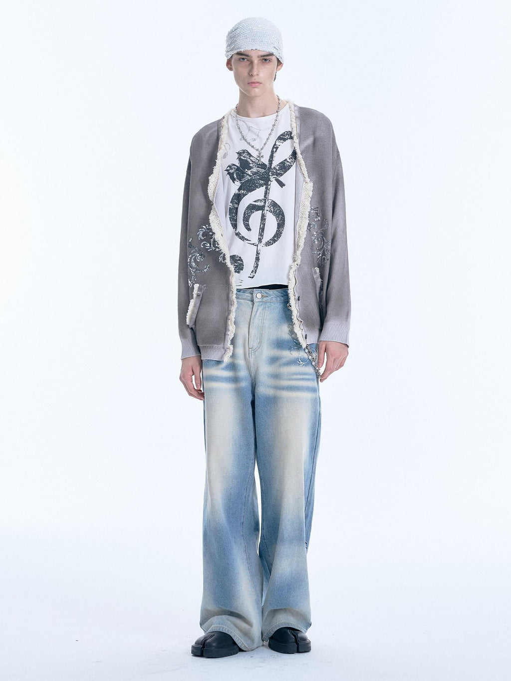 APRIORITY Gray Sequin Embroidered Distressed Women's Recycled Viscose Blend Cardigans