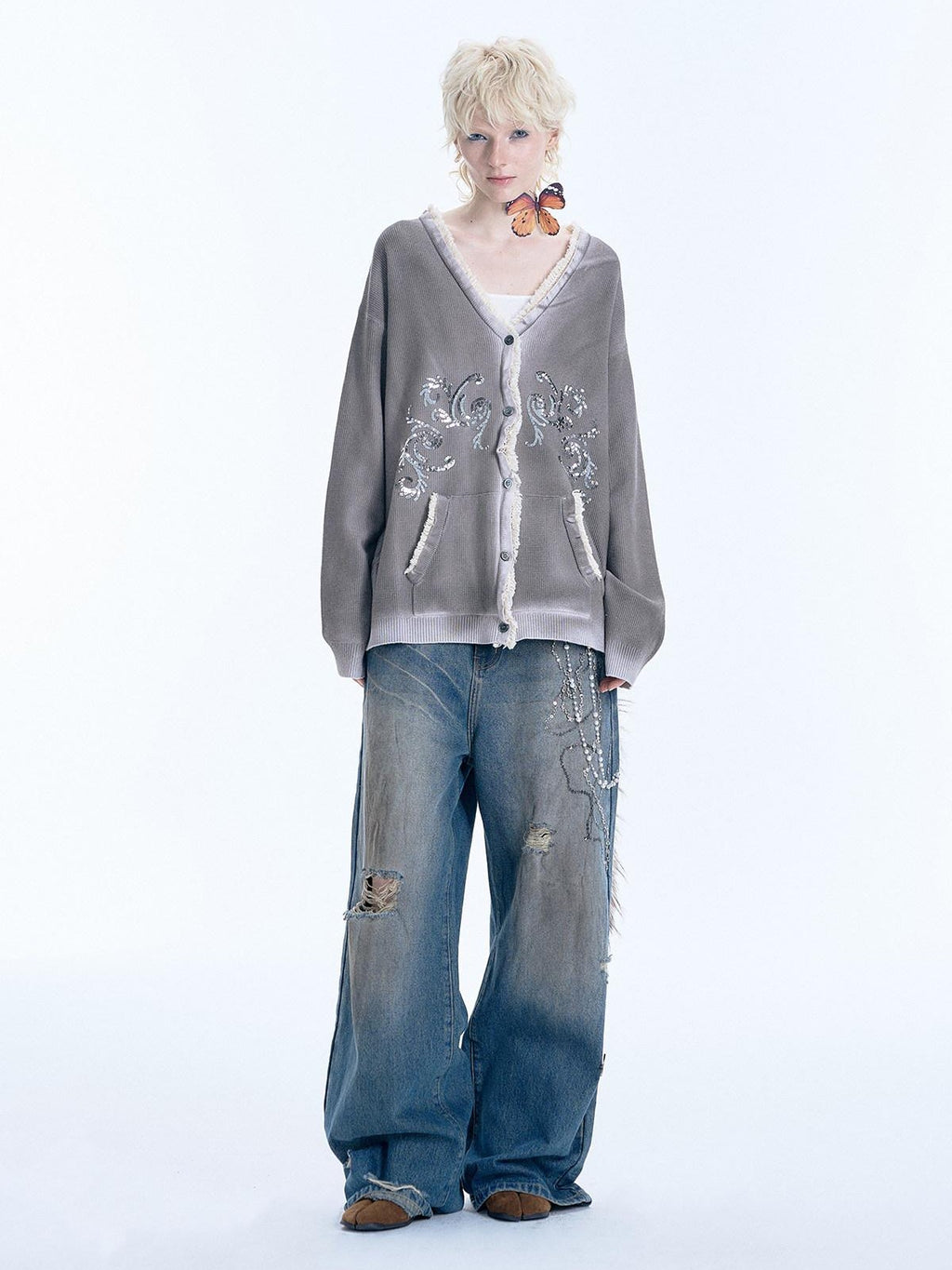 APRIORITY Gray Sequin Embroidered Distressed Women's Recycled Viscose Blend Cardigans