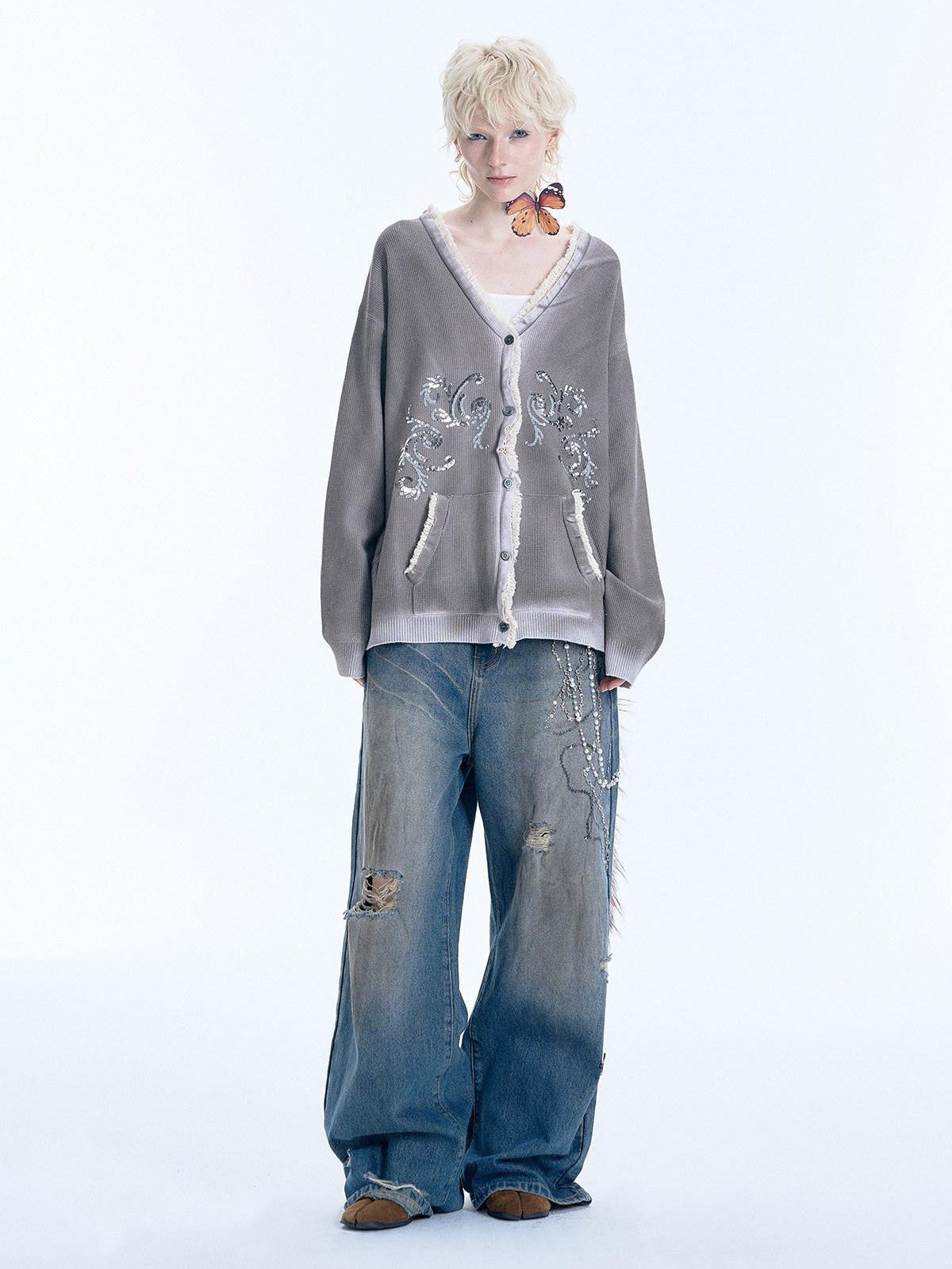 APRIORITY Gray Sequin Embroidered Distressed Women's Recycled Viscose Blend Cardigans