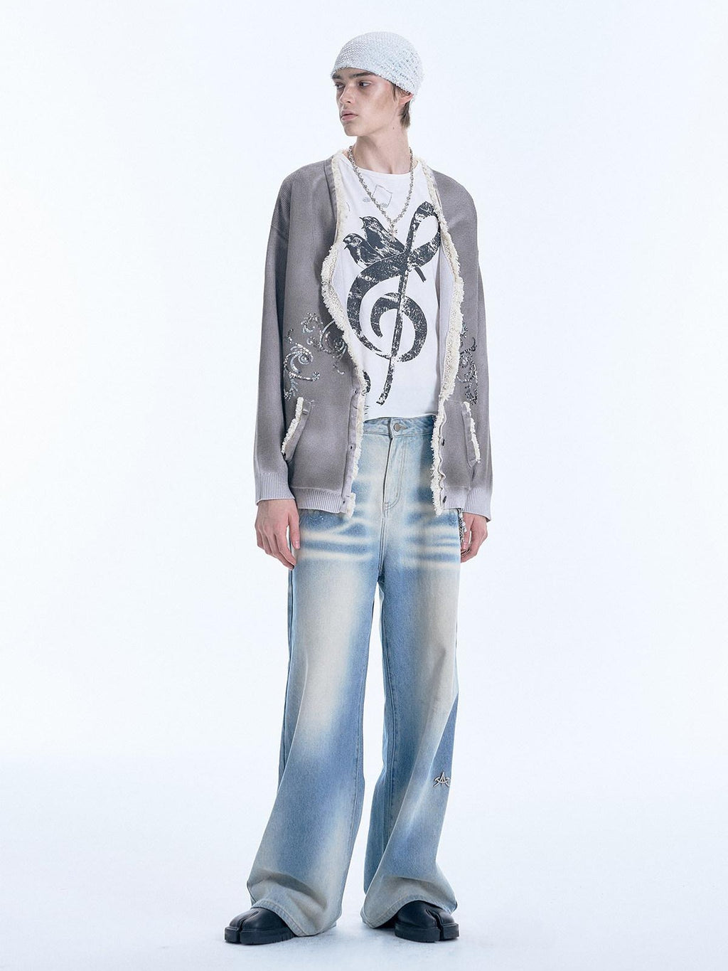 APRIORITY Gray Sequin Embroidered Distressed Women's Recycled Viscose Blend Cardigans
