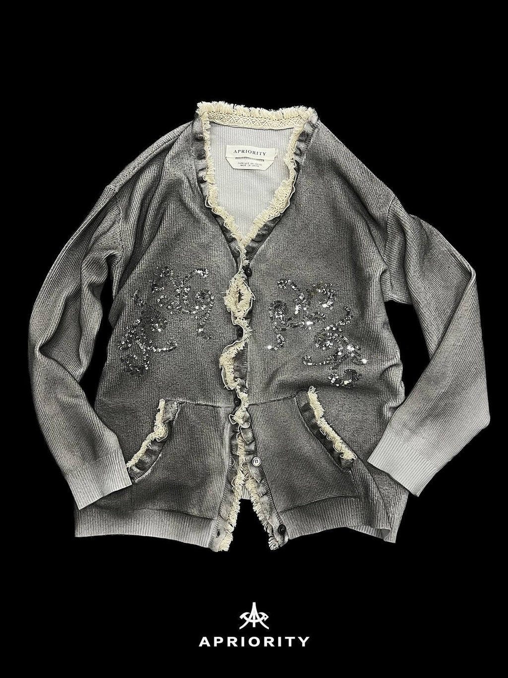 APRIORITY Gray Sequin Embroidered Distressed Women's Recycled Viscose Blend Cardigans