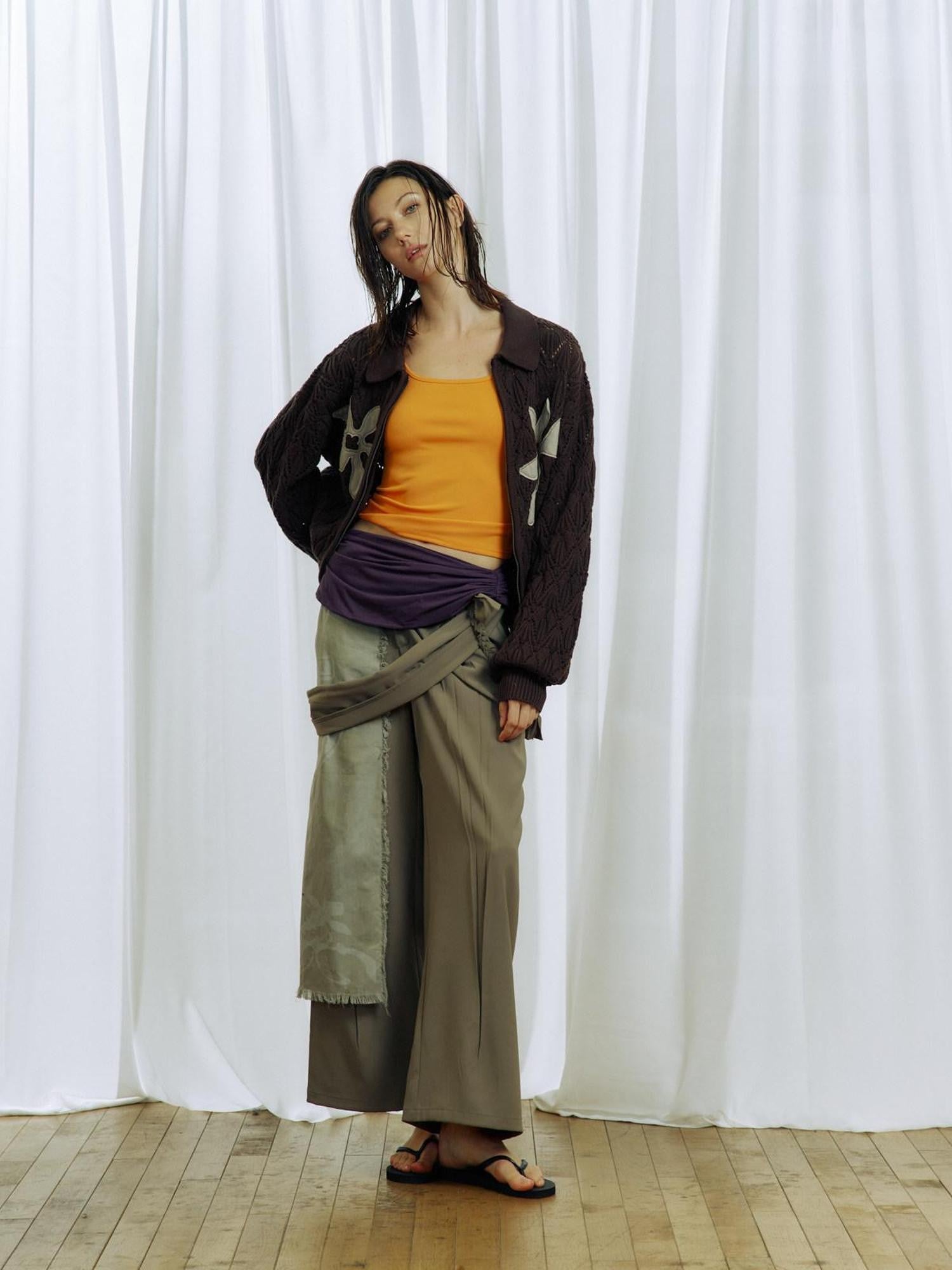 APRIORITY Gray White Ink Print Tassel Patchwork Women's Polyester Tailored Pants