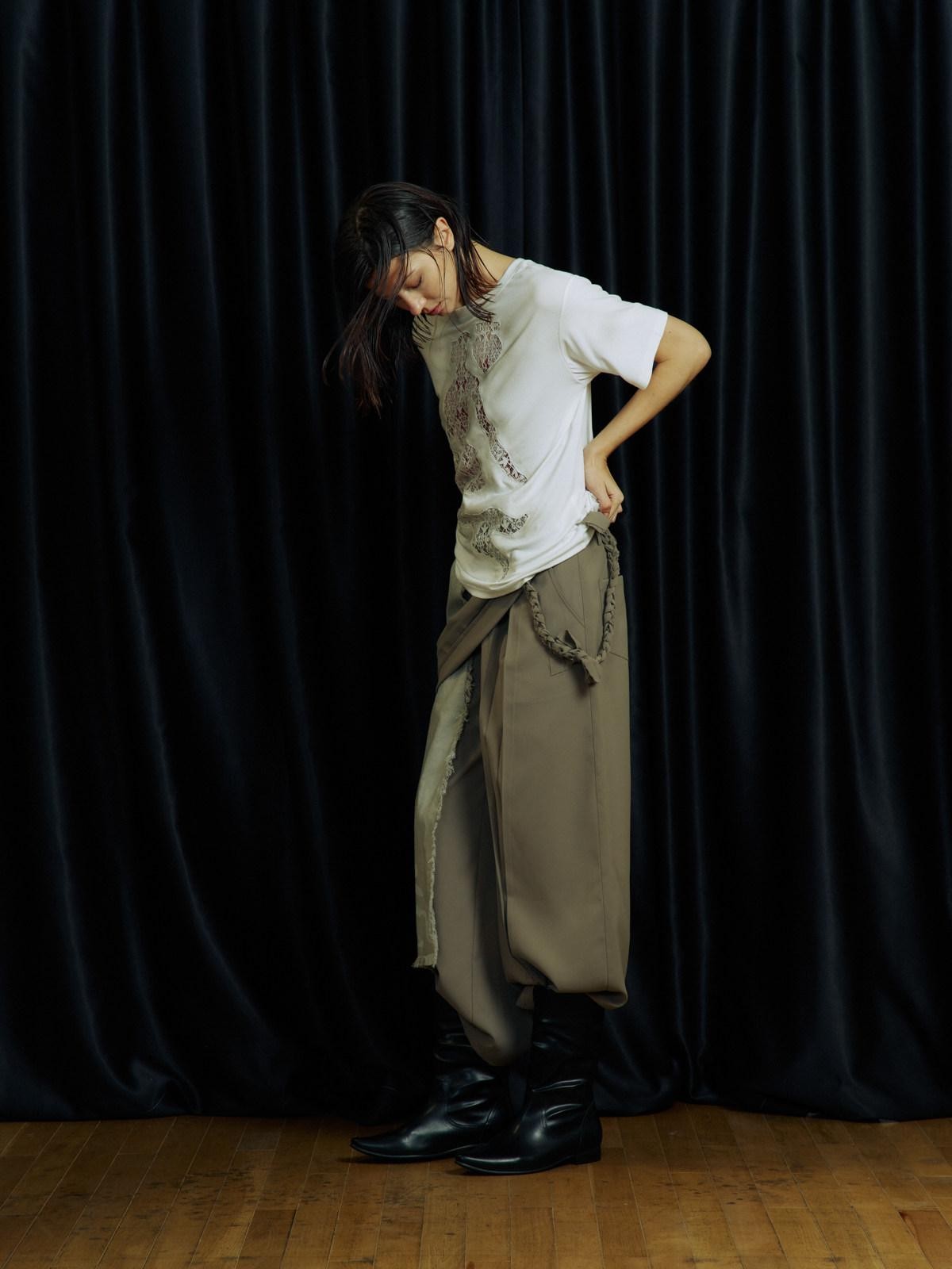 APRIORITY Gray White Ink Print Tassel Patchwork Women's Polyester Tailored Pants