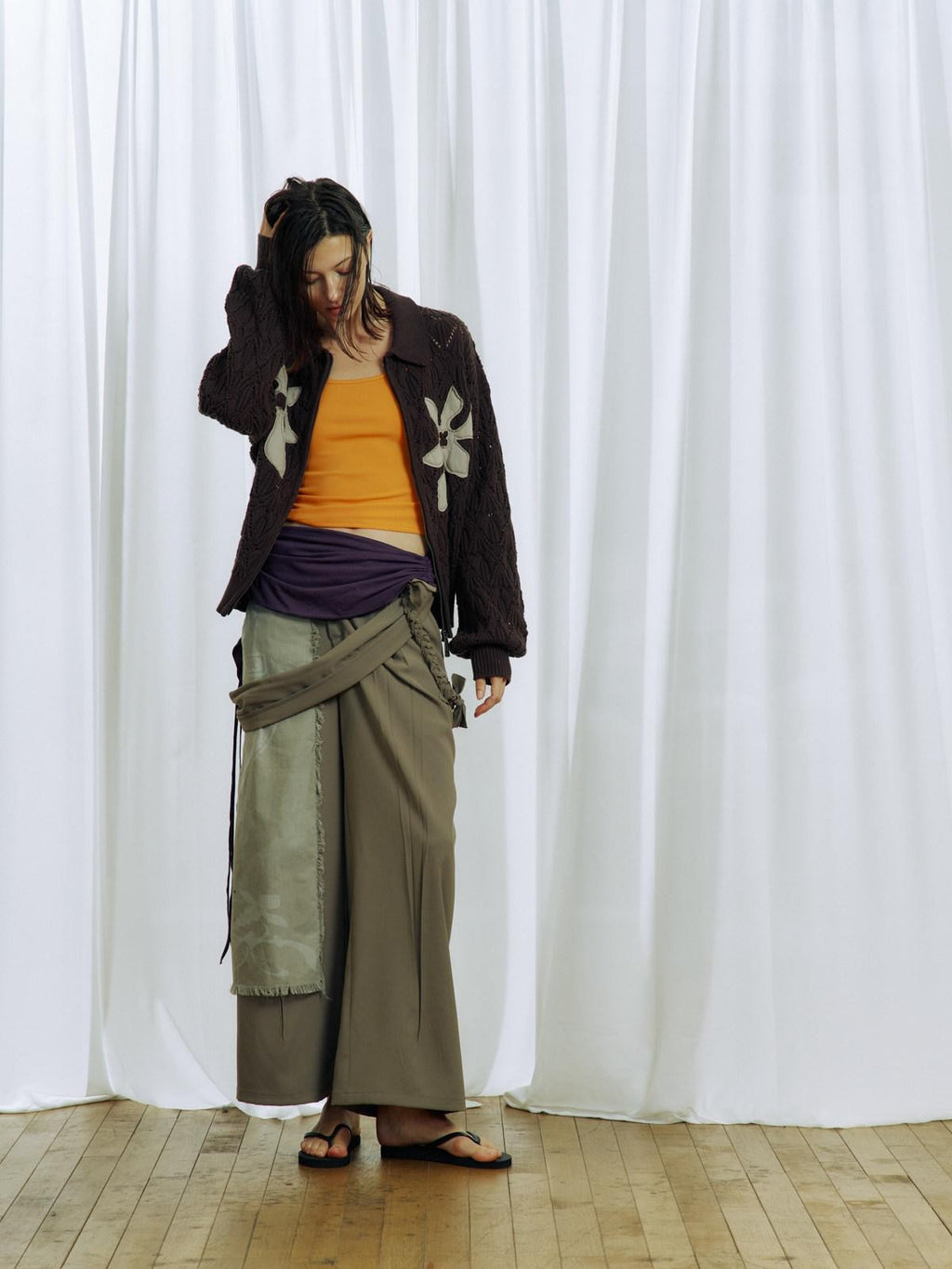 APRIORITY Gray White Ink Print Tassel Patchwork Women's Polyester Tailored Pants