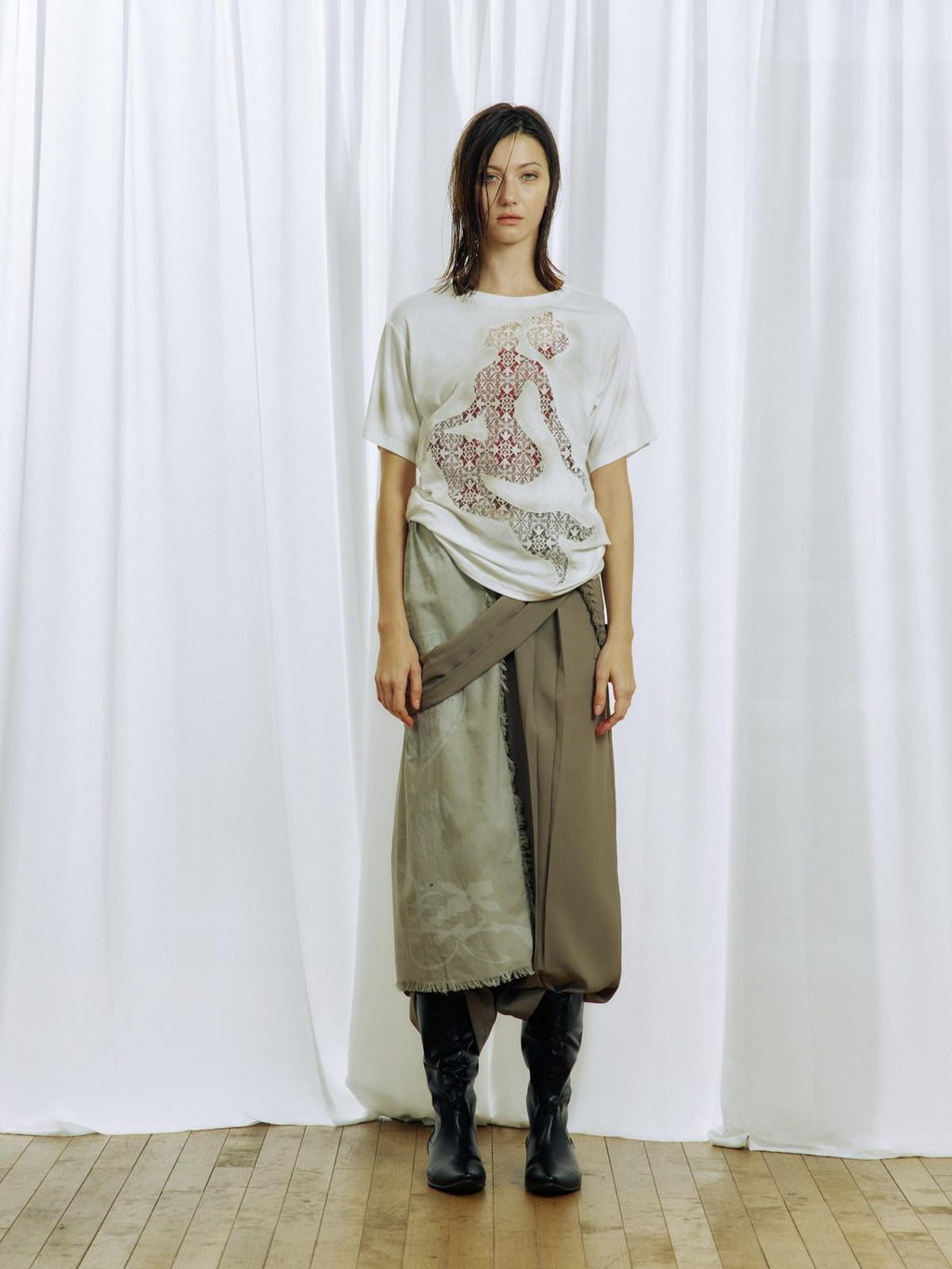 APRIORITY Gray White Ink Print Tassel Patchwork Women's Polyester Tailored Pants
