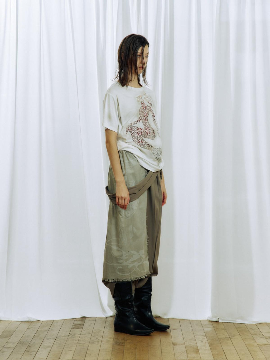 APRIORITY Gray White Ink Print Tassel Patchwork Women's Polyester Tailored Pants