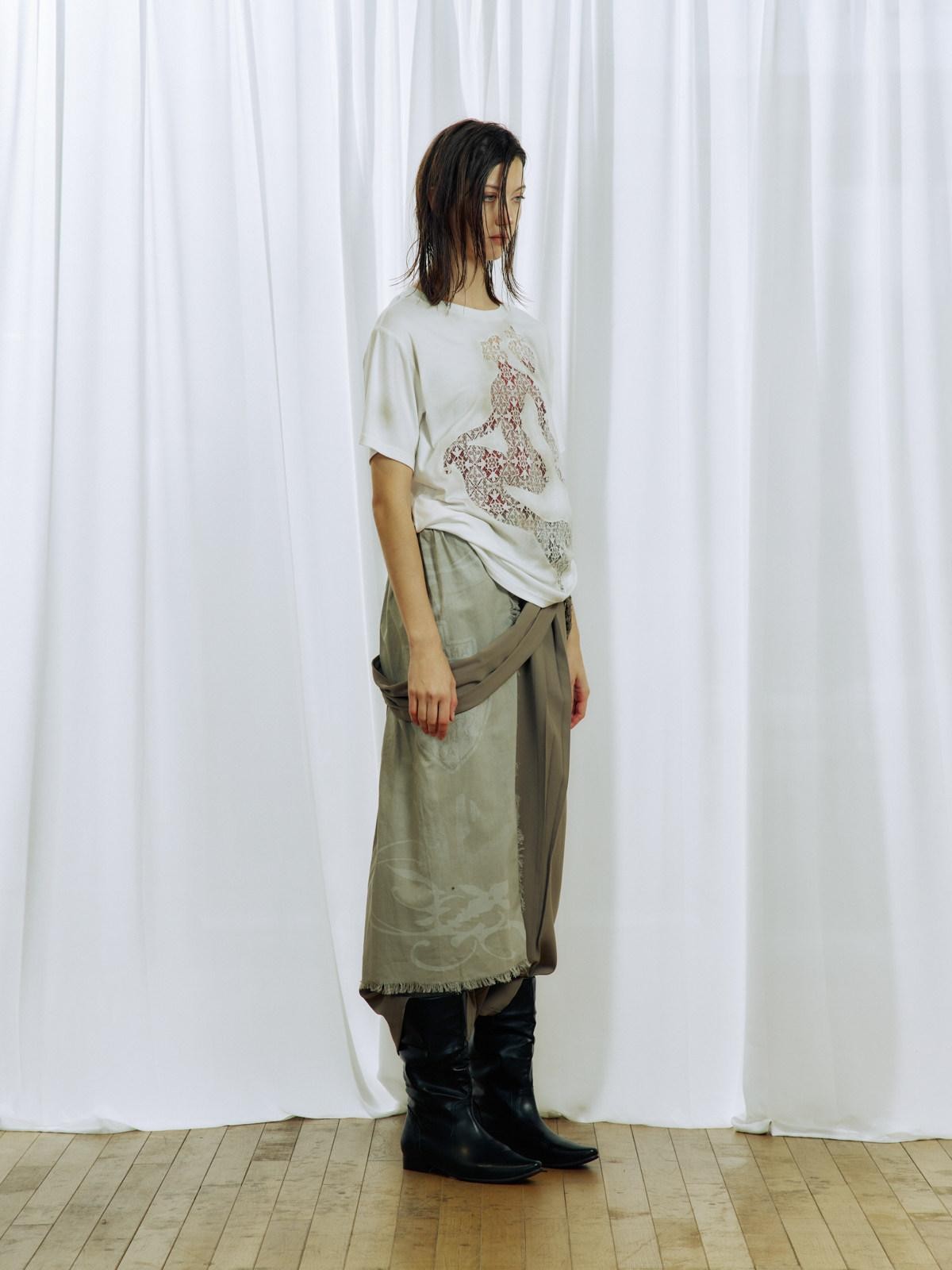 APRIORITY Gray White Ink Print Tassel Patchwork Women's Polyester Tailored Pants