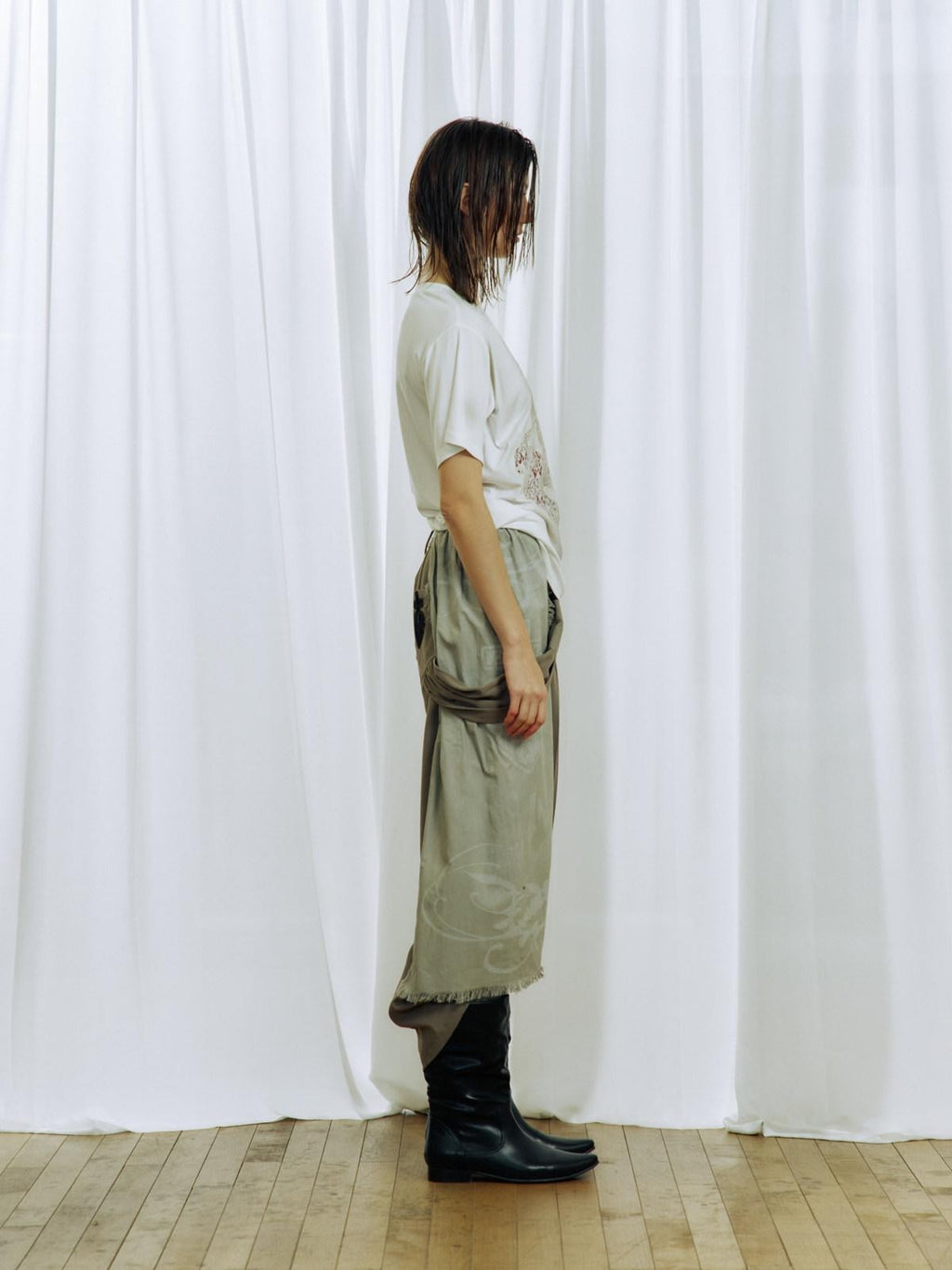 APRIORITY Gray White Ink Print Tassel Patchwork Women's Polyester Tailored Pants