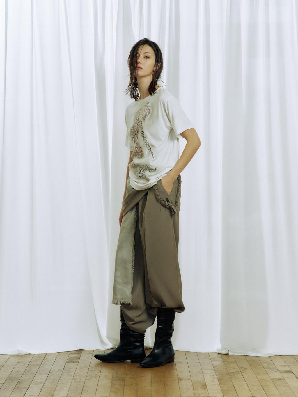 APRIORITY Gray White Ink Print Tassel Patchwork Women's Polyester Tailored Pants