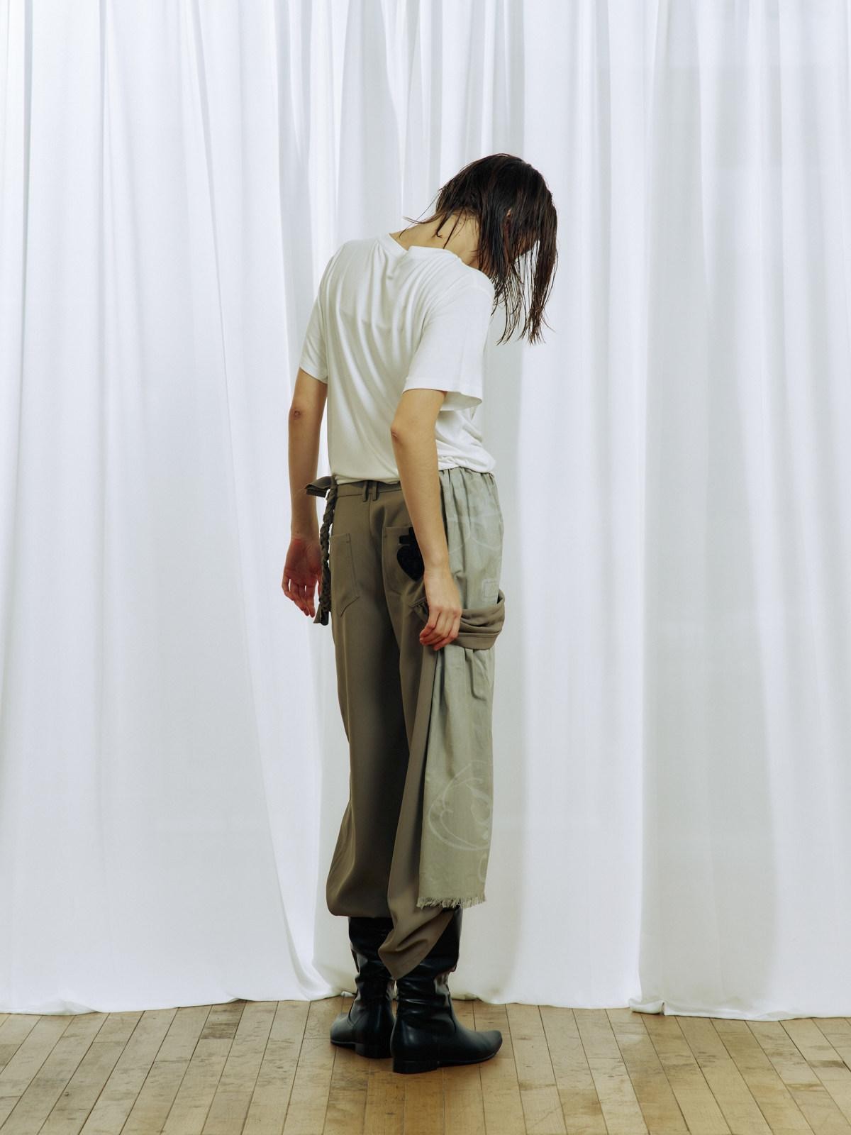 APRIORITY Gray White Ink Print Tassel Patchwork Women's Polyester Tailored Pants