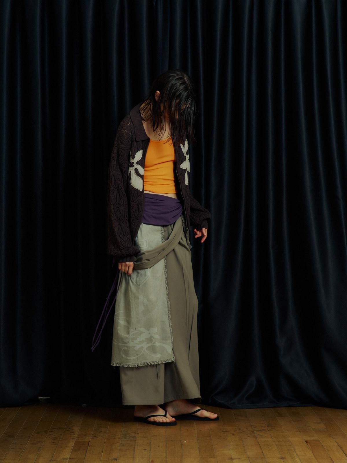 APRIORITY Gray White Ink Print Tassel Patchwork Women's Polyester Tailored Pants