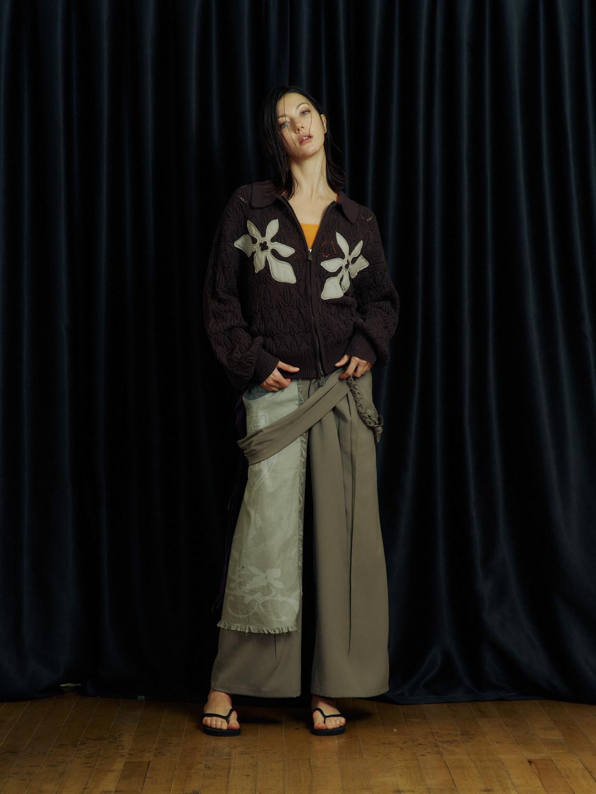 APRIORITY Gray White Ink Print Tassel Patchwork Women's Polyester Tailored Pants