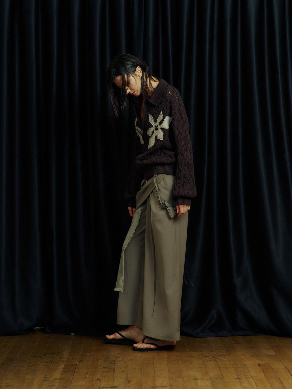 APRIORITY Gray White Ink Print Tassel Patchwork Women's Polyester Tailored Pants