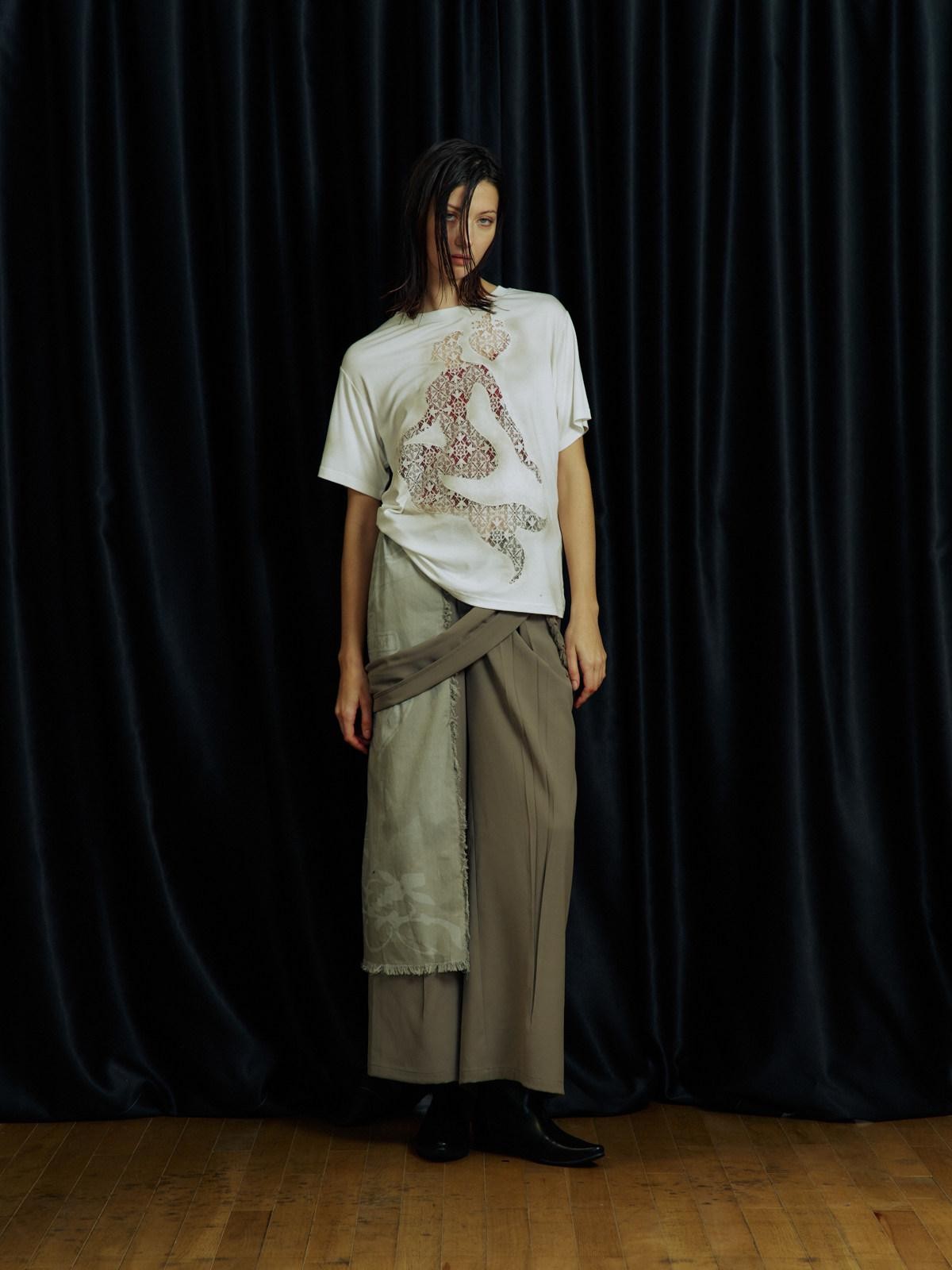 APRIORITY Gray White Ink Print Tassel Patchwork Women's Polyester Tailored Pants
