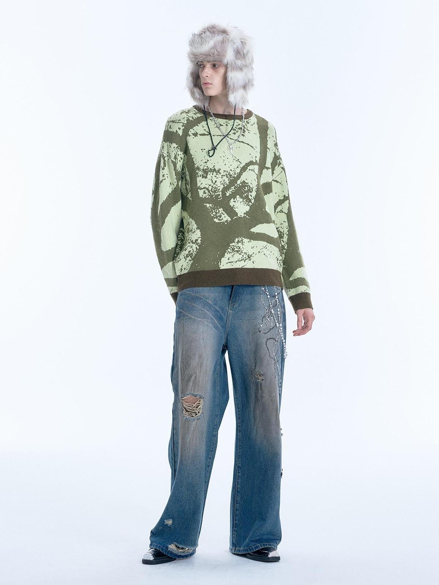 APRIORITY Green Allover Tree Print Round Neck Women's Wool Blend Sweaters