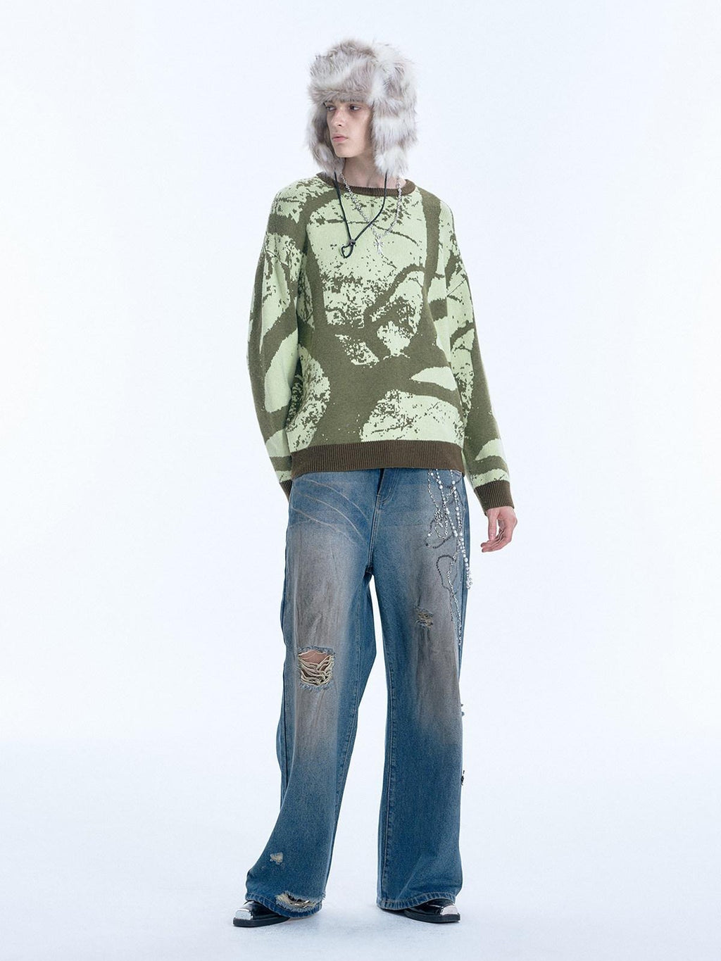 APRIORITY Green Allover Tree Print Round Neck Women's Wool Blend Sweaters