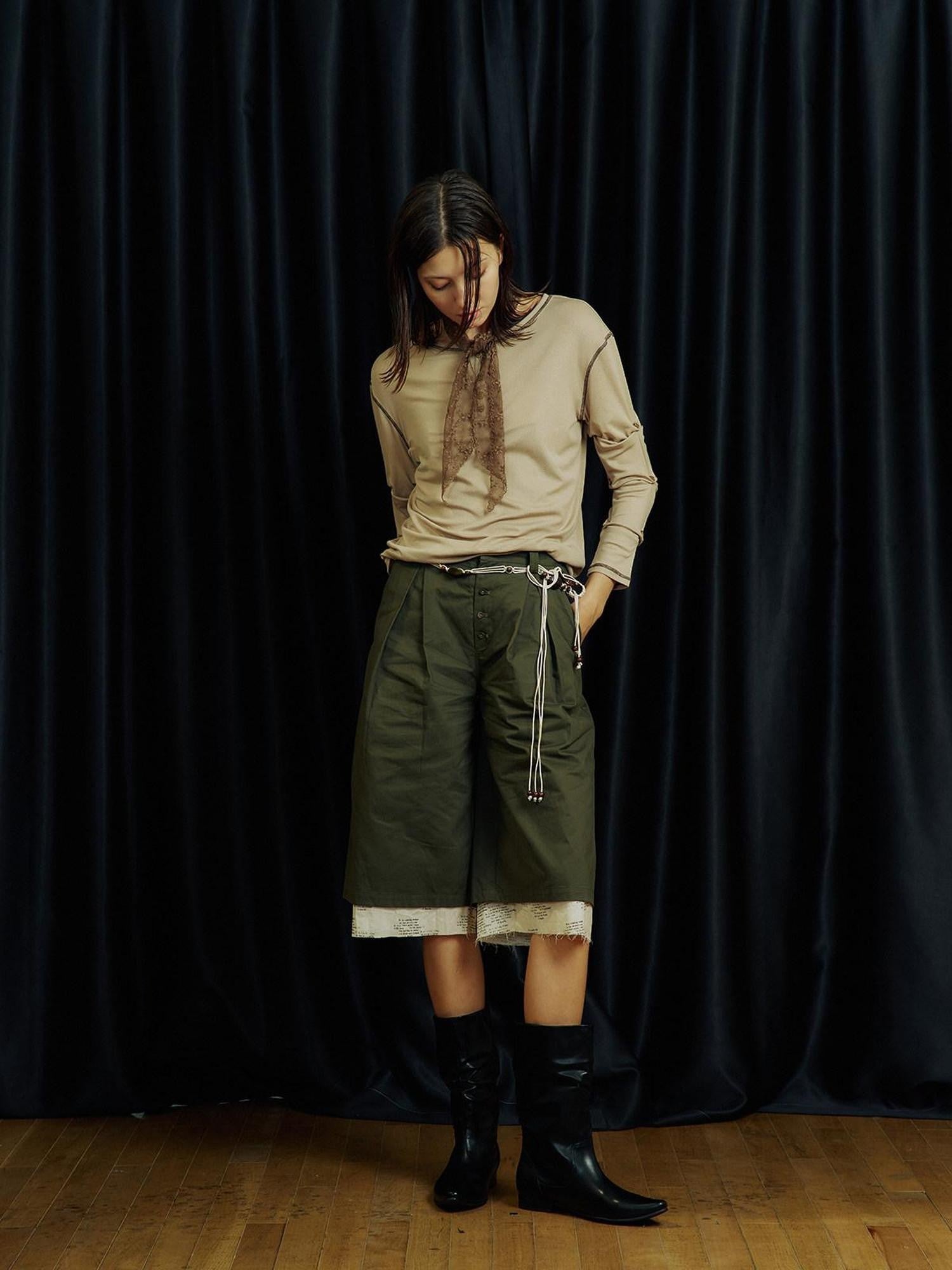 APRIORITY Green Printed Raw Hem Wide Leg Button Detail Women's Cotton Sweat Shorts