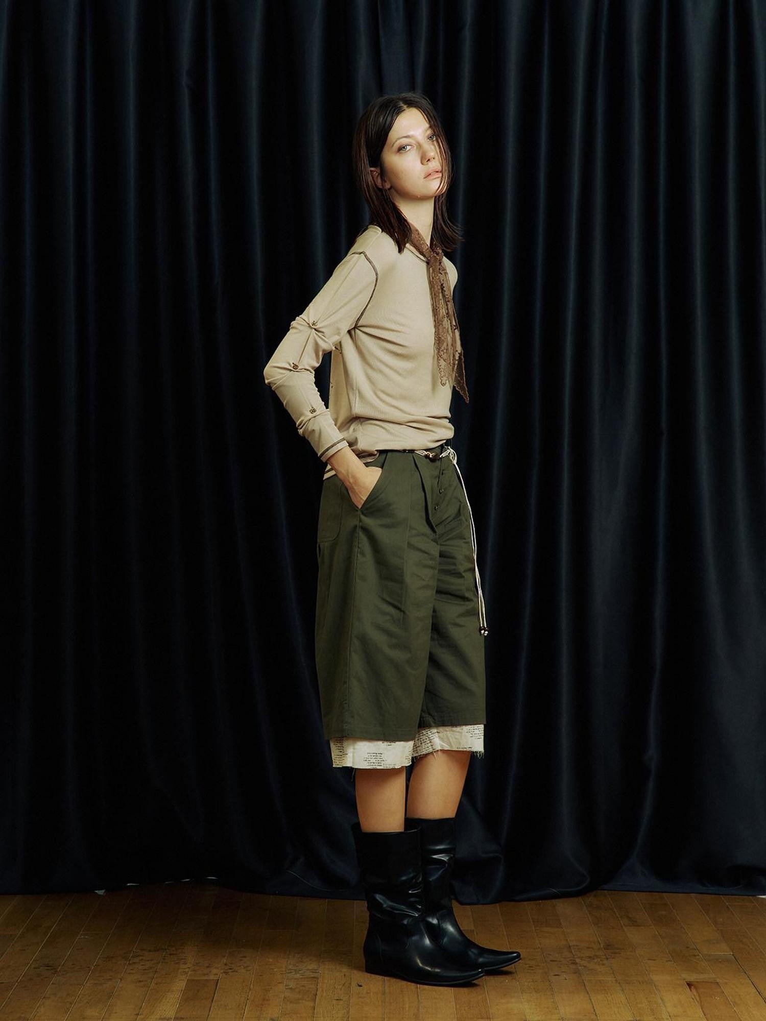 APRIORITY Green Printed Raw Hem Wide Leg Button Detail Women's Cotton Sweat Shorts