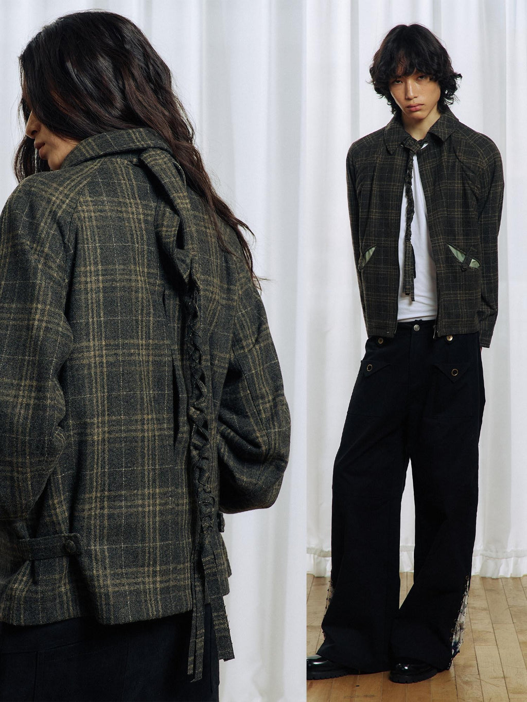 APRIORITY Green Tassel Tie Plaid Back Pleat Women's Cotton Wool Twist Knit Casual Jackets