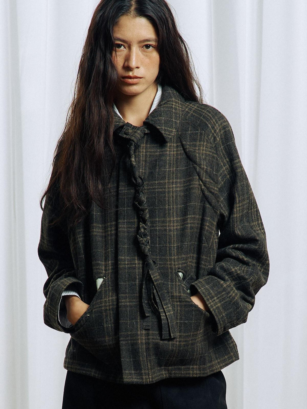 APRIORITY Green Tassel Tie Plaid Back Pleat Women's Cotton Wool Twist Knit Casual Jackets