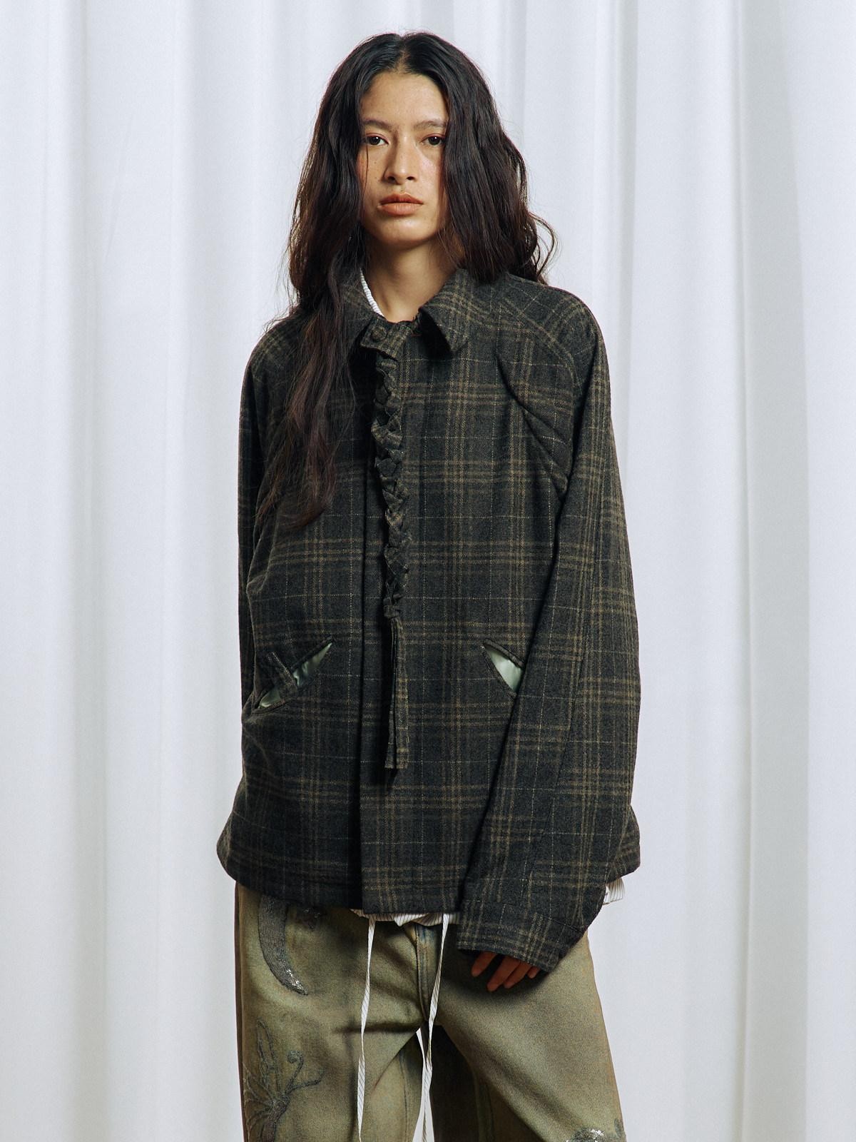 APRIORITY Green Tassel Tie Plaid Back Pleat Women's Cotton Wool Twist Knit Casual Jackets