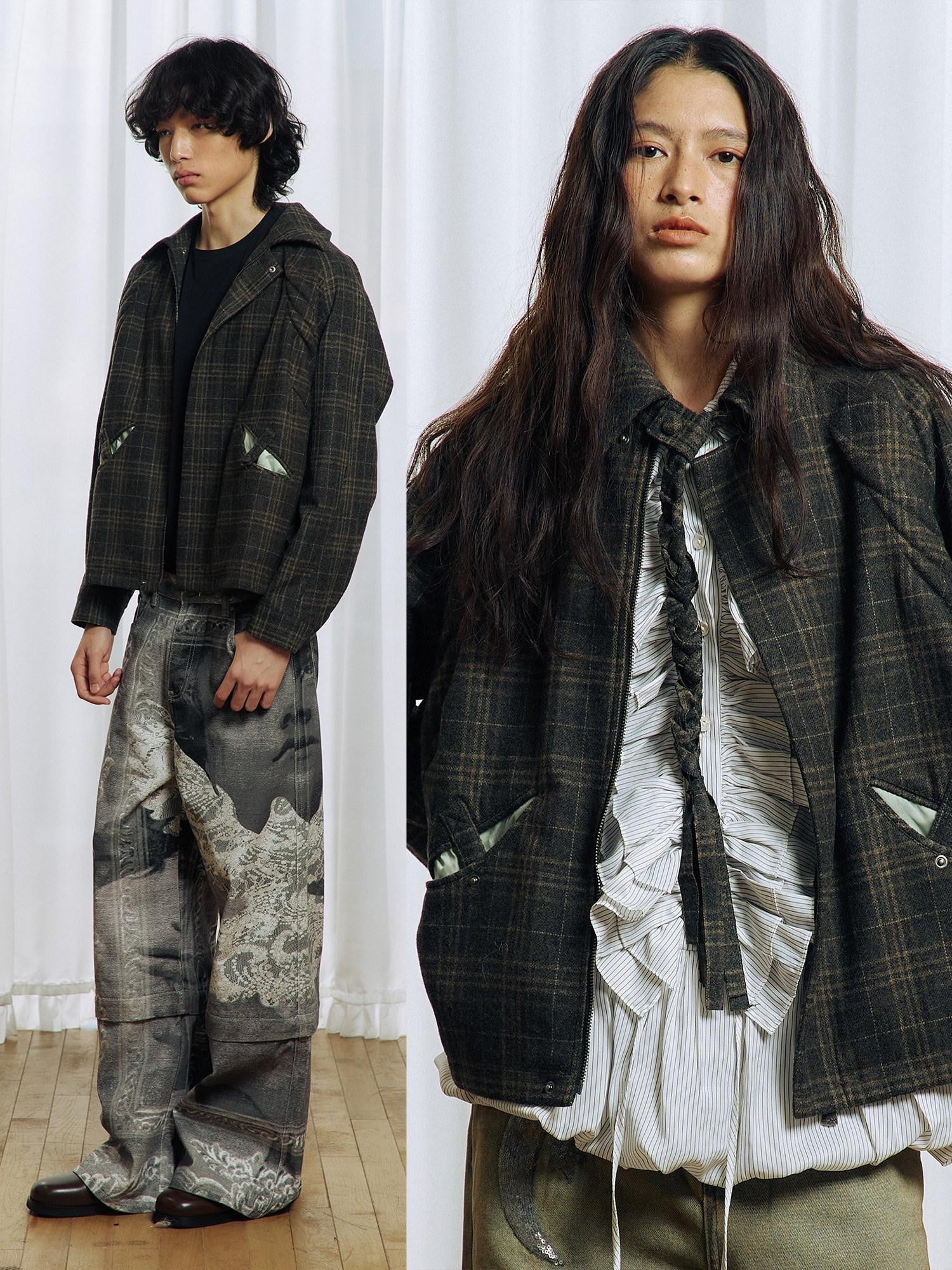 APRIORITY Green Tassel Tie Plaid Back Pleat Women's Cotton Wool Twist Knit Casual Jackets