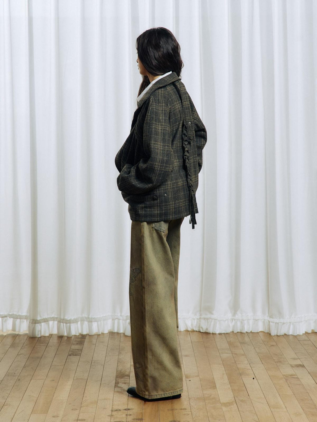 APRIORITY Green Tassel Tie Plaid Back Pleat Women's Cotton Wool Twist Knit Casual Jackets