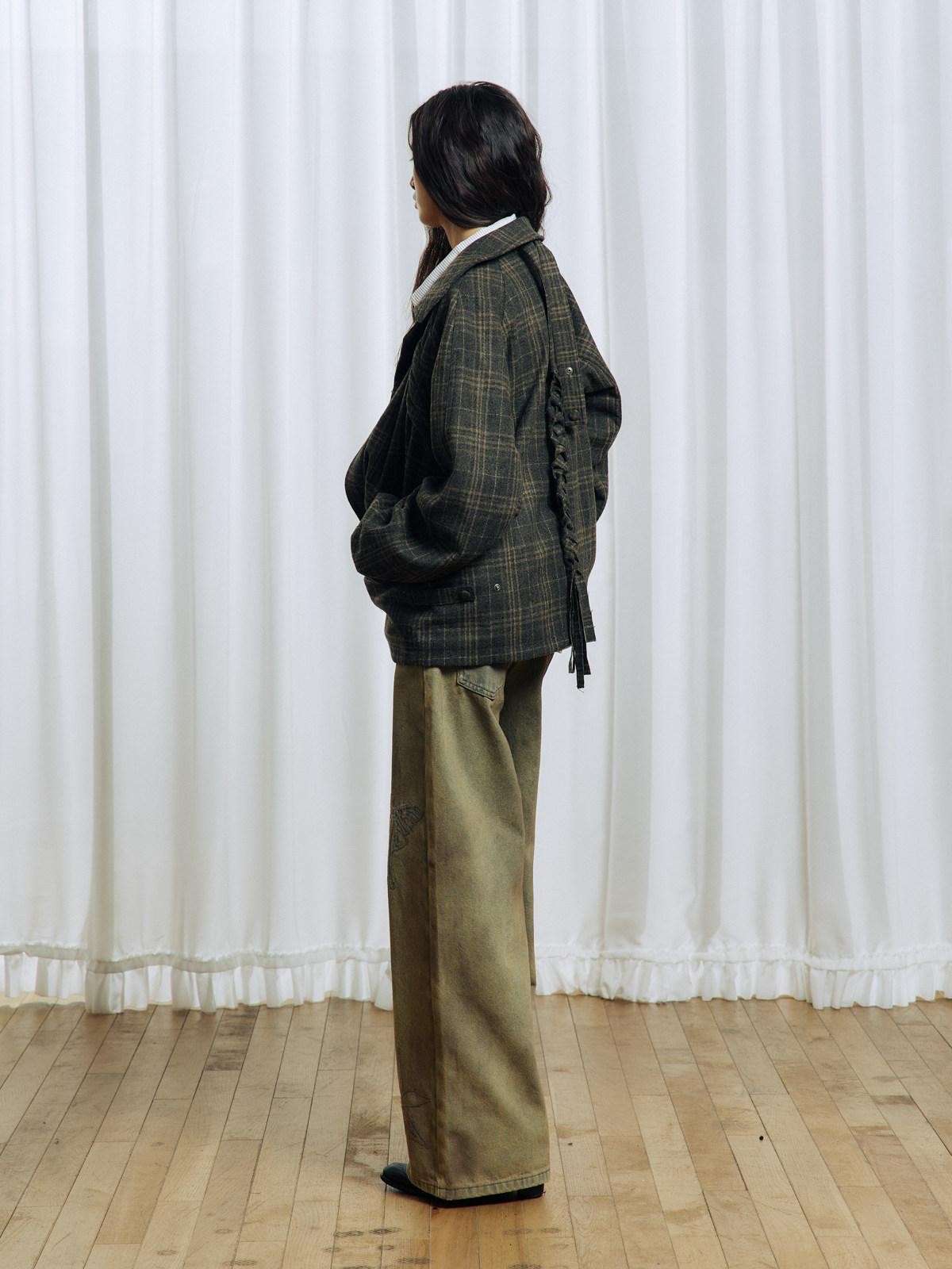 APRIORITY Green Tassel Tie Plaid Back Pleat Women's Cotton Wool Twist Knit Casual Jackets