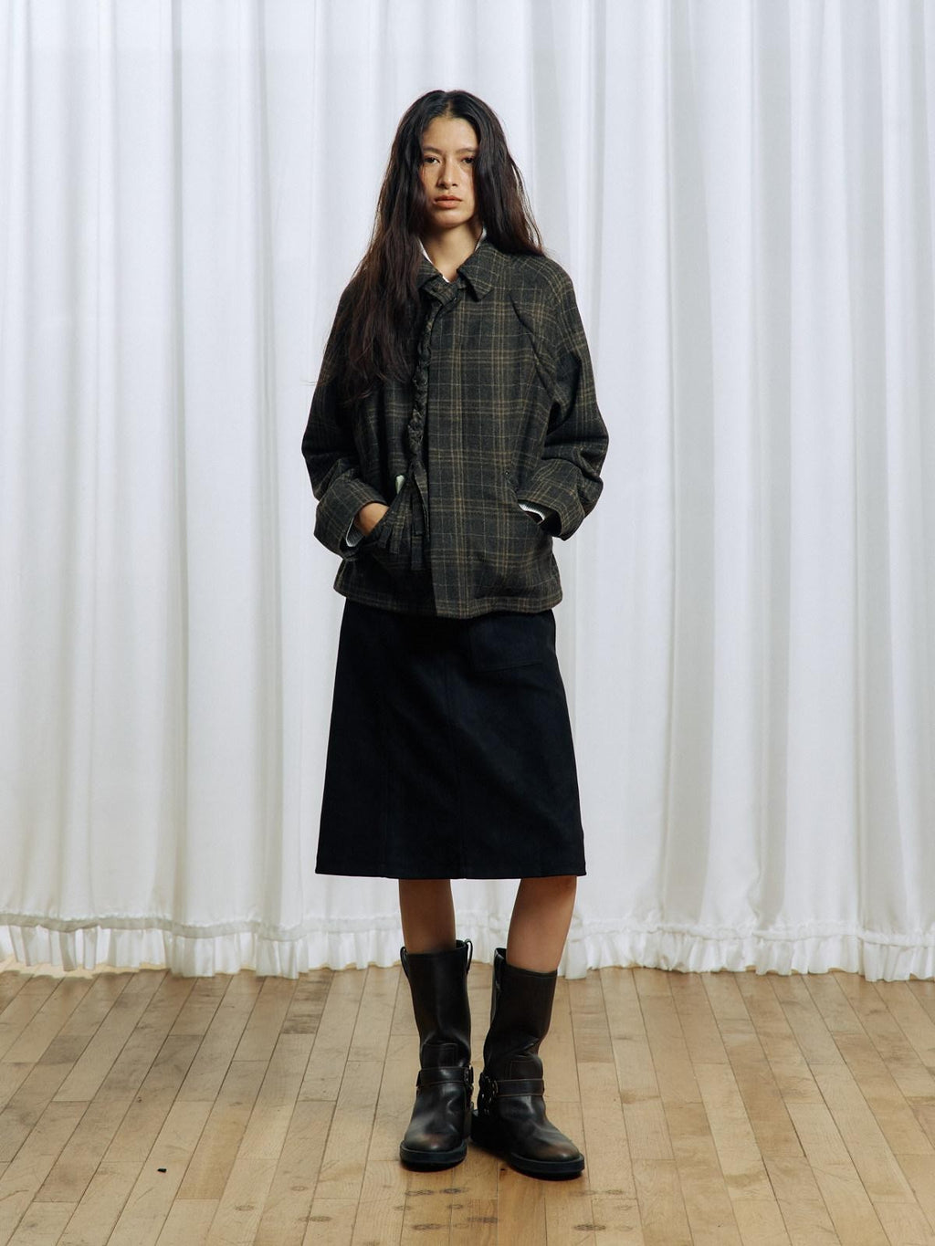 APRIORITY Green Tassel Tie Plaid Back Pleat Women's Cotton Wool Twist Knit Casual Jackets