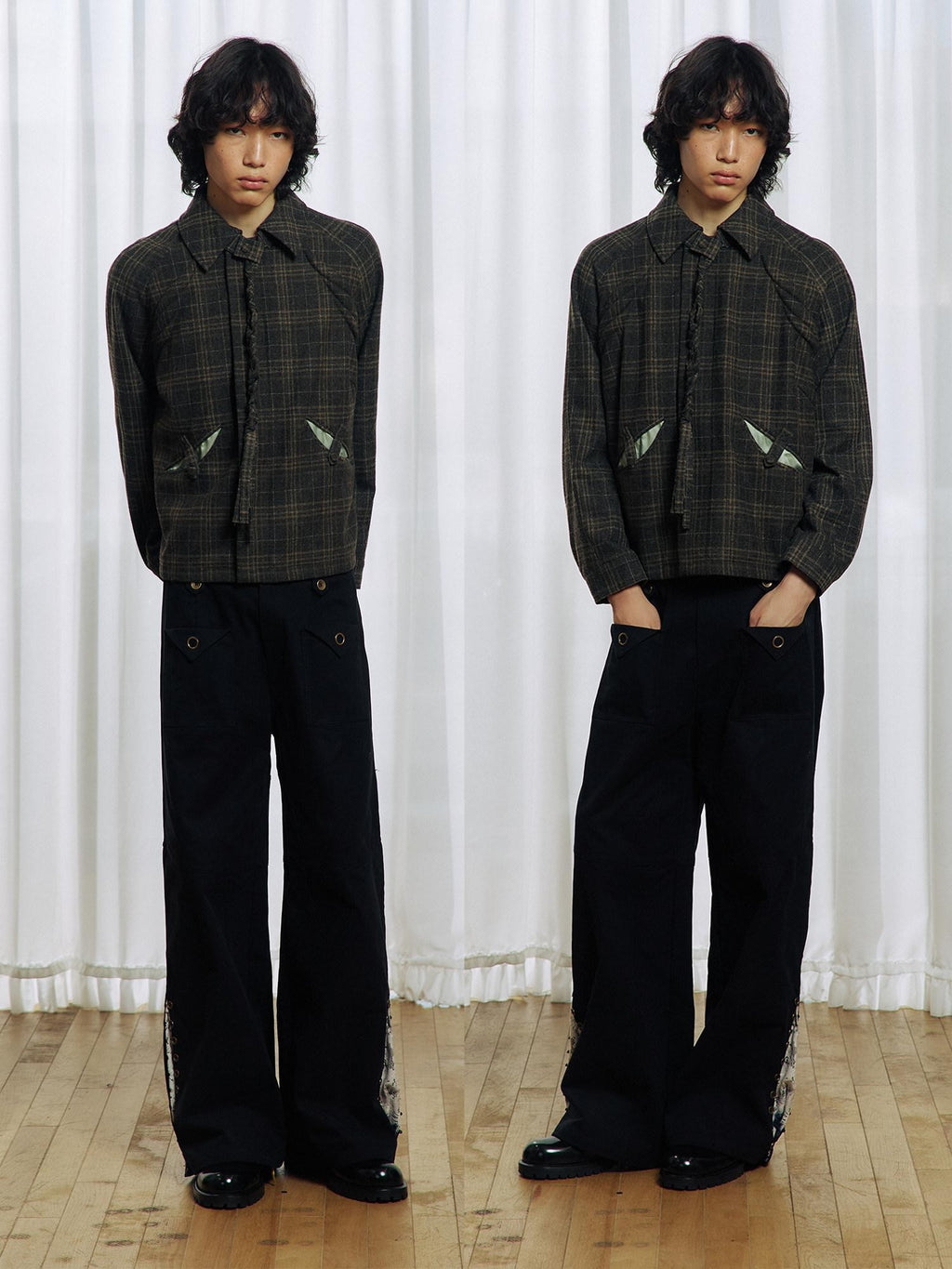 APRIORITY Green Tassel Tie Plaid Back Pleat Women's Cotton Wool Twist Knit Casual Jackets