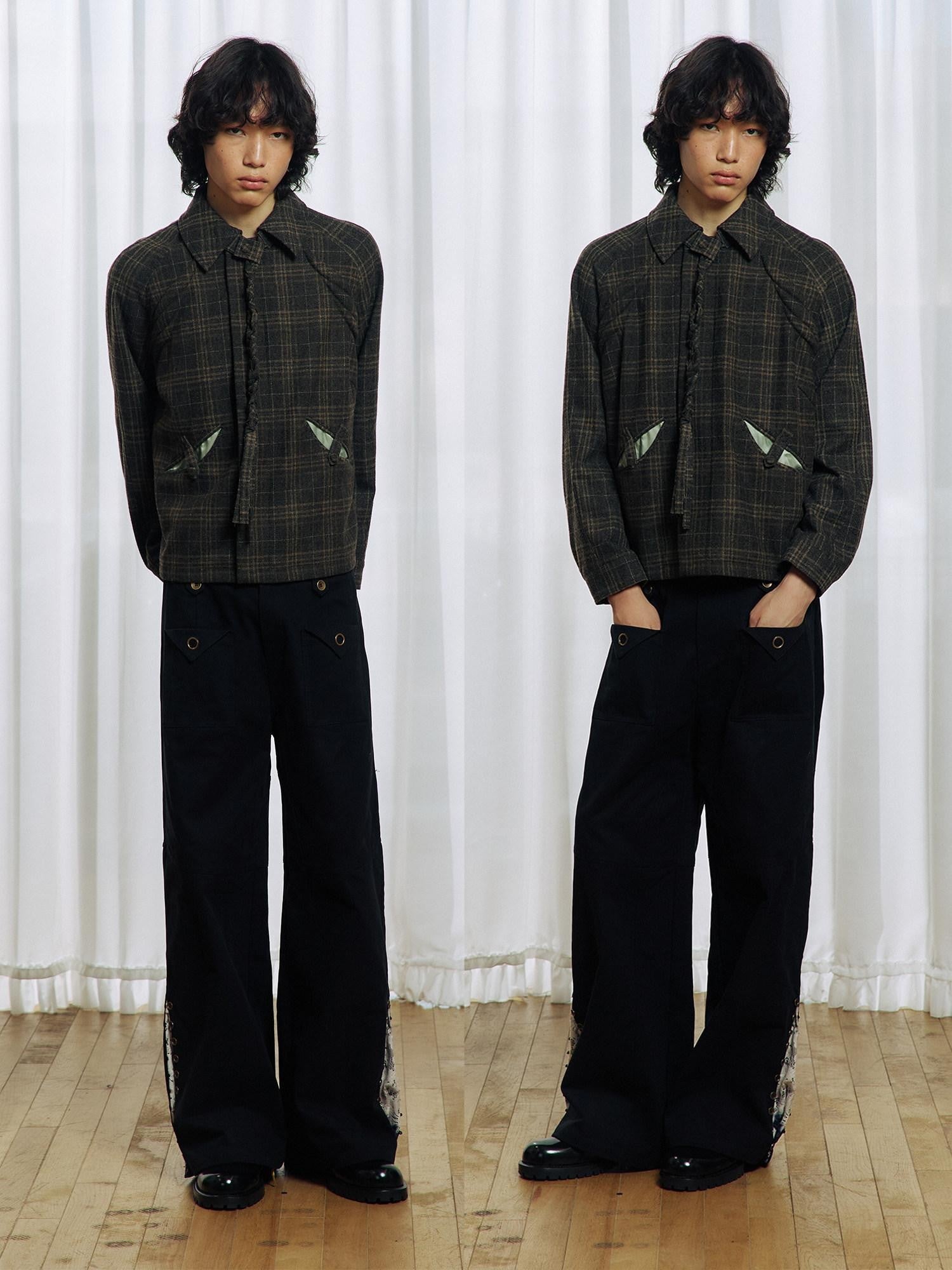 APRIORITY Green Tassel Tie Plaid Back Pleat Women's Cotton Wool Twist Knit Casual Jackets