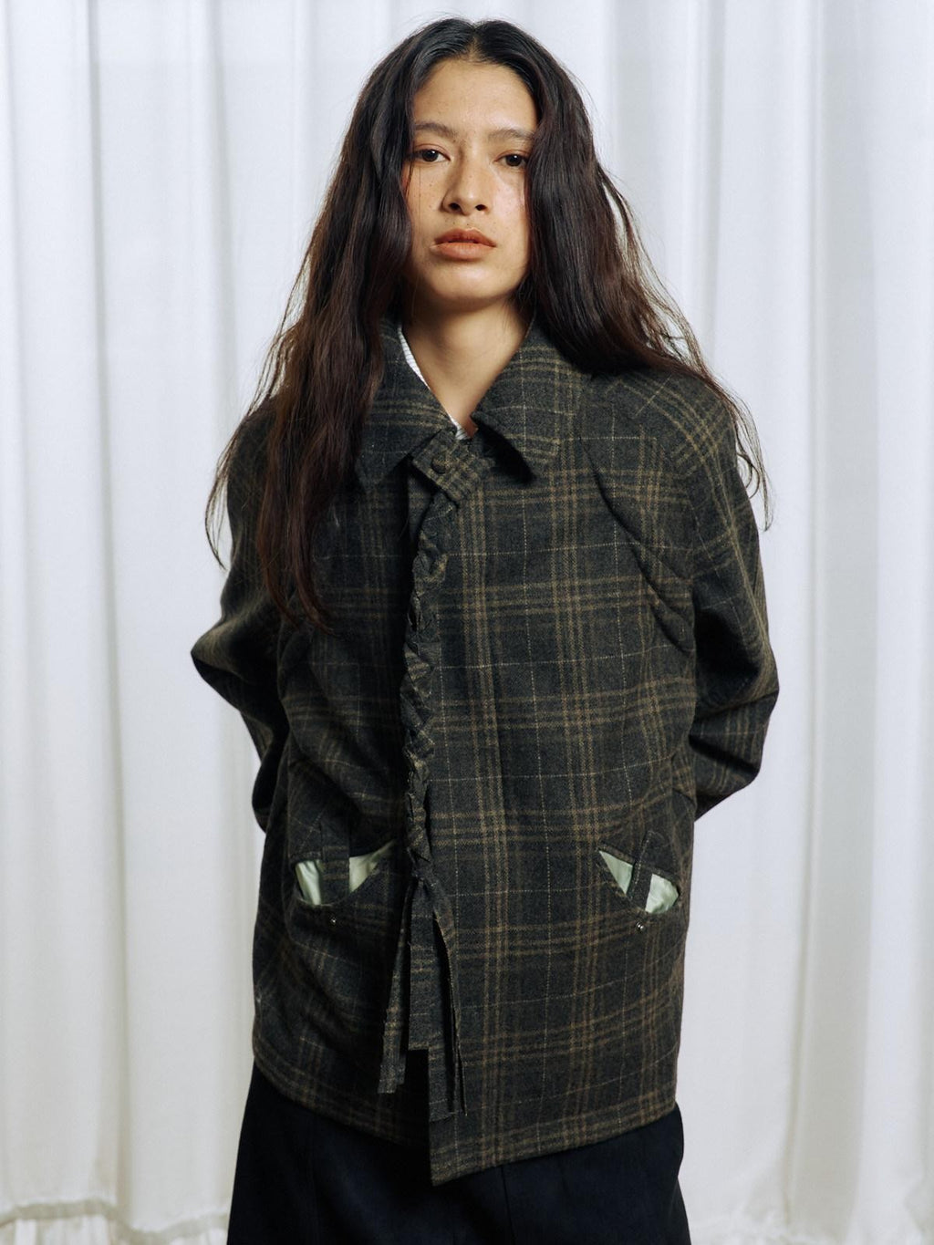 APRIORITY Green Tassel Tie Plaid Back Pleat Women's Cotton Wool Twist Knit Casual Jackets