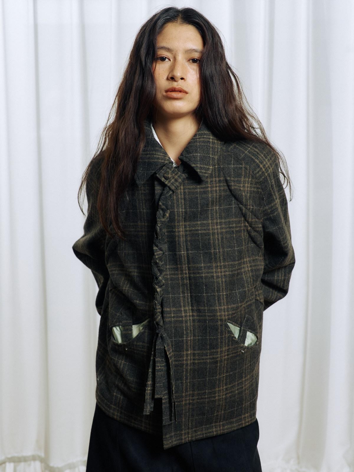 APRIORITY Green Tassel Tie Plaid Back Pleat Women's Cotton Wool Twist Knit Casual Jackets
