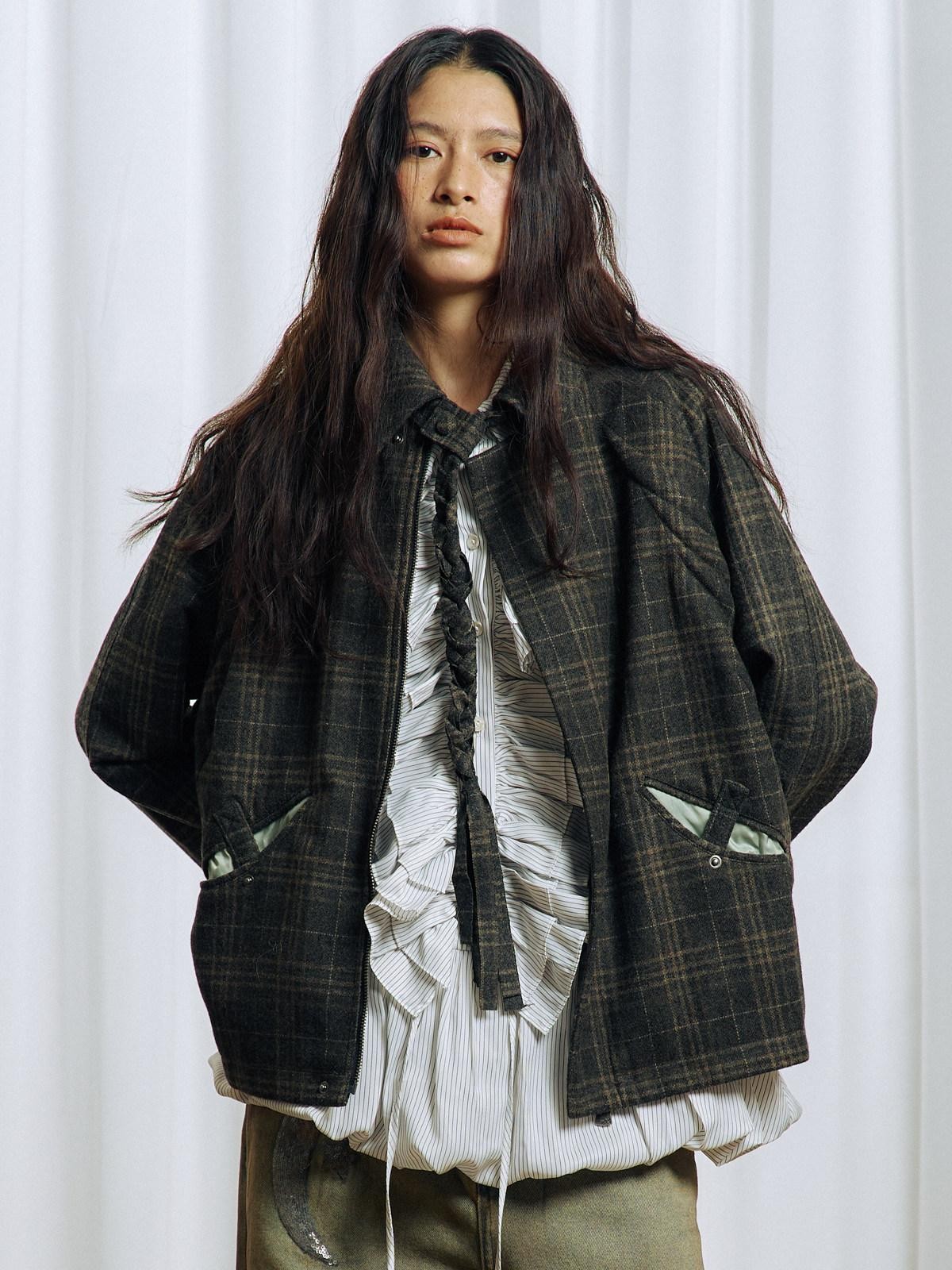 APRIORITY Green Tassel Tie Plaid Back Pleat Women's Cotton Wool Twist Knit Casual Jackets