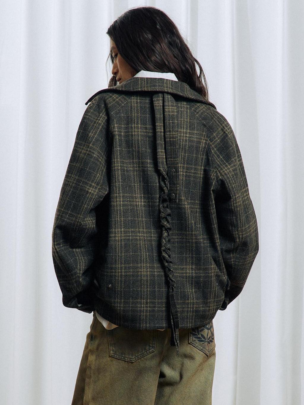 APRIORITY Green Tassel Tie Plaid Back Pleat Women's Cotton Wool Twist Knit Casual Jackets