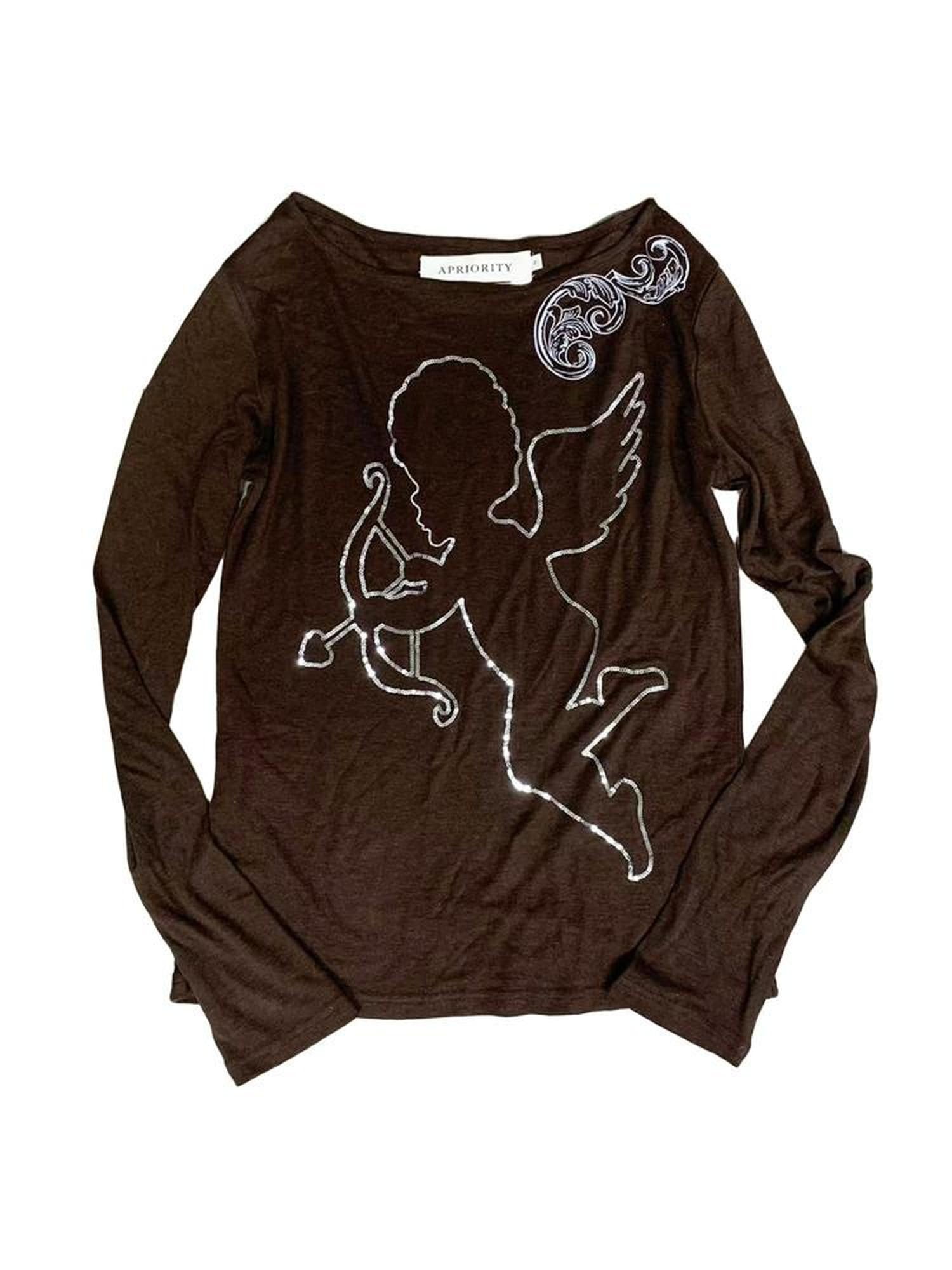 APRIORITY Hand Painted Heart Cross Print Women's Lyocell Wool Long Sleeve T-shirts