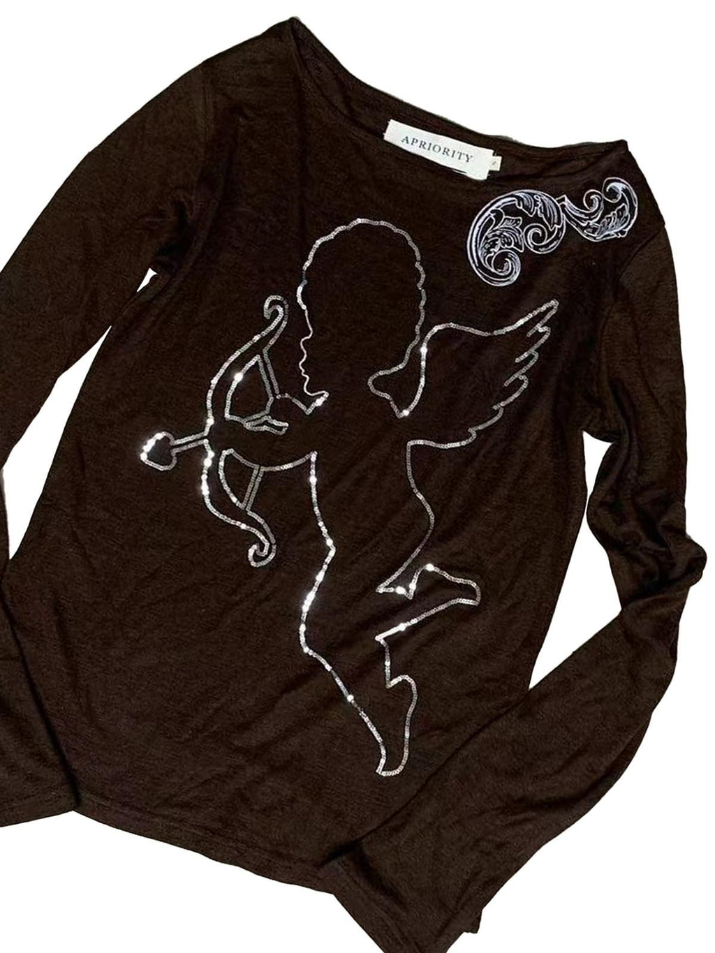 APRIORITY Hand Painted Heart Cross Print Women's Lyocell Wool Long Sleeve T-shirts