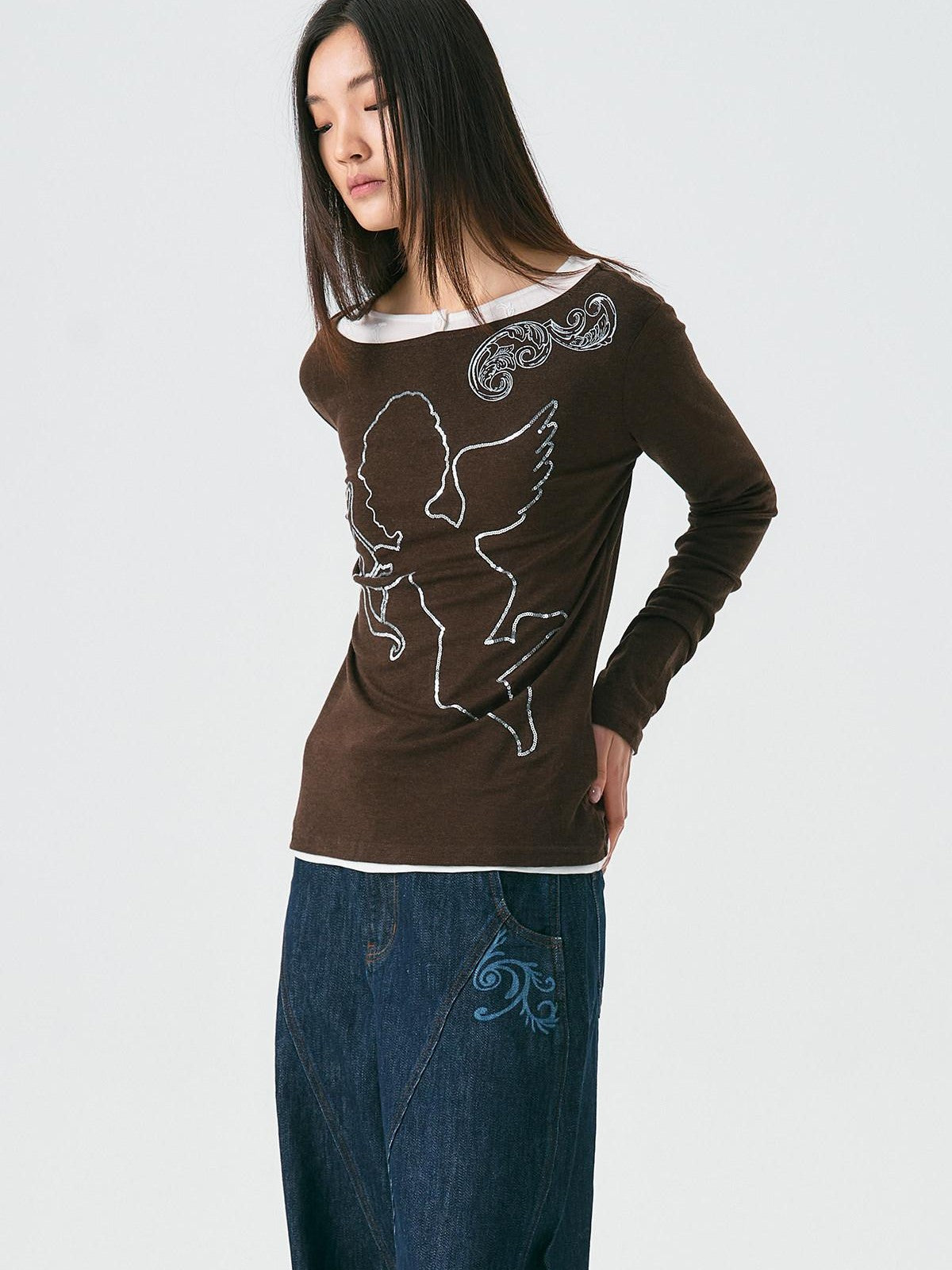 APRIORITY Hand Painted Heart Cross Print Women's Lyocell Wool Long Sleeve T-shirts