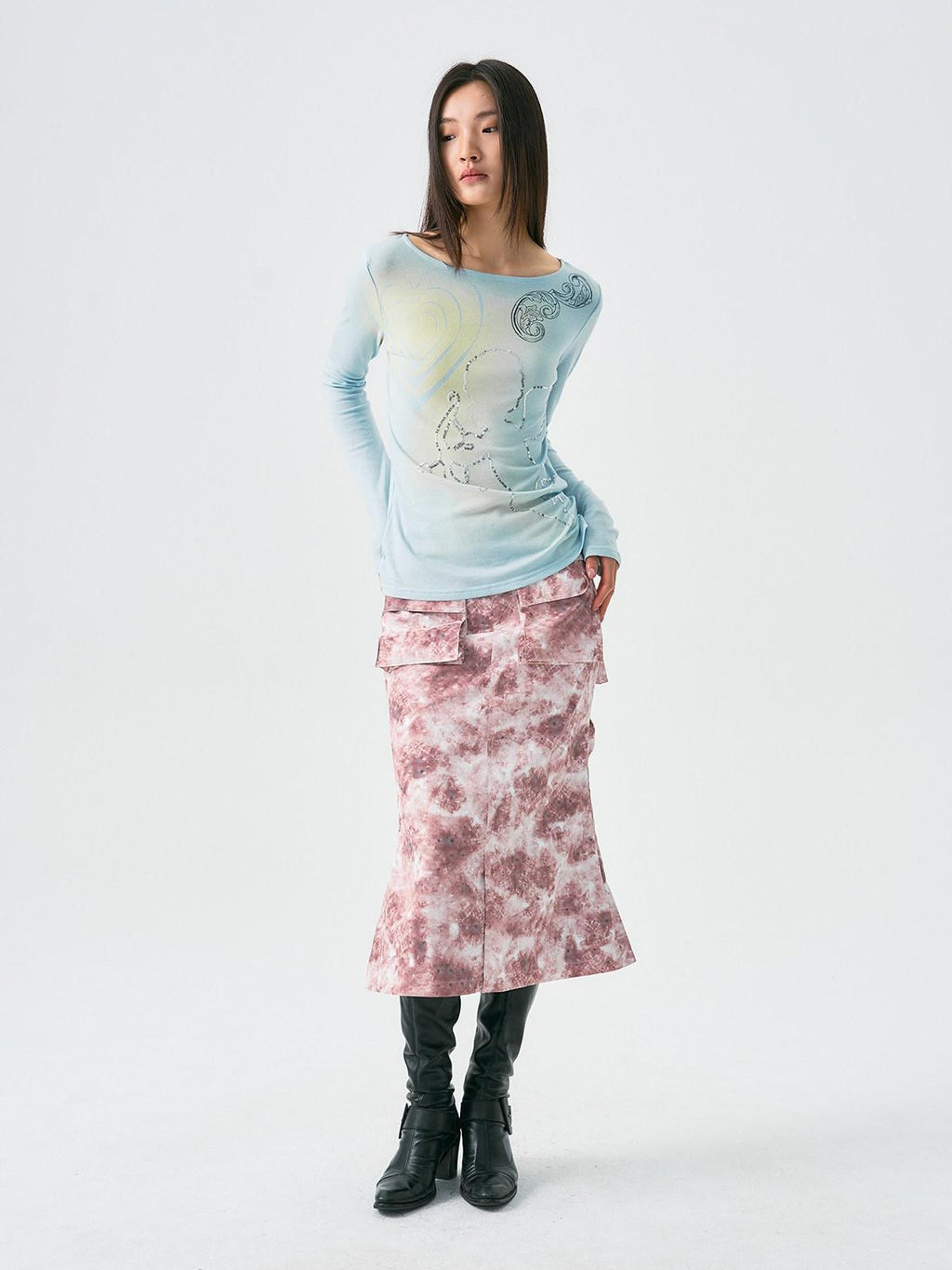 APRIORITY Hand Painted Heart Cross Print Women's Lyocell Wool Long Sleeve T-shirts