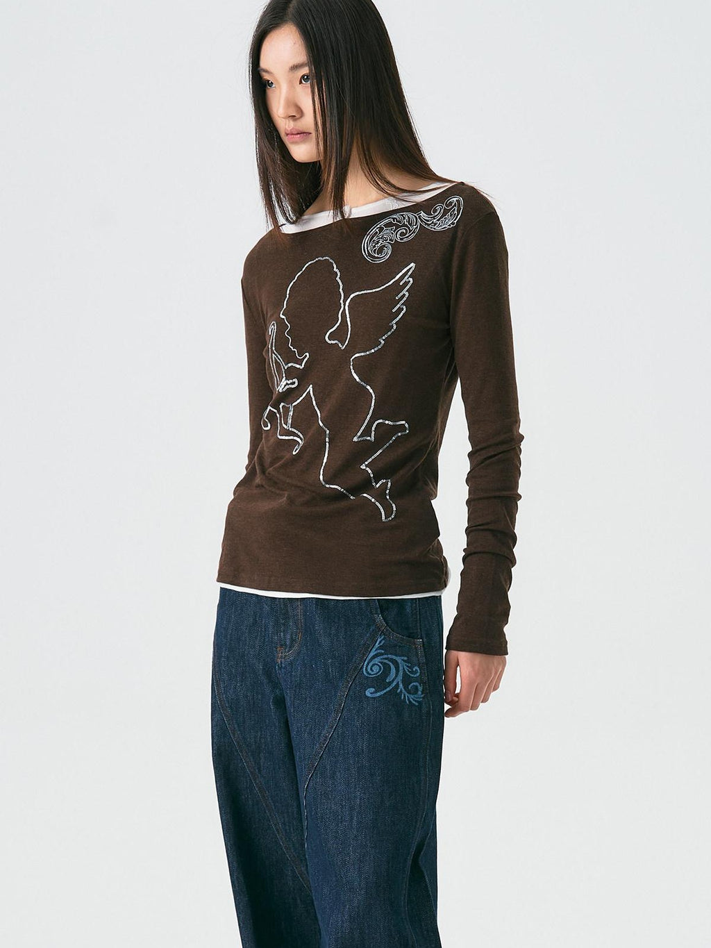 APRIORITY Hand Painted Heart Cross Print Women's Lyocell Wool Long Sleeve T-shirts