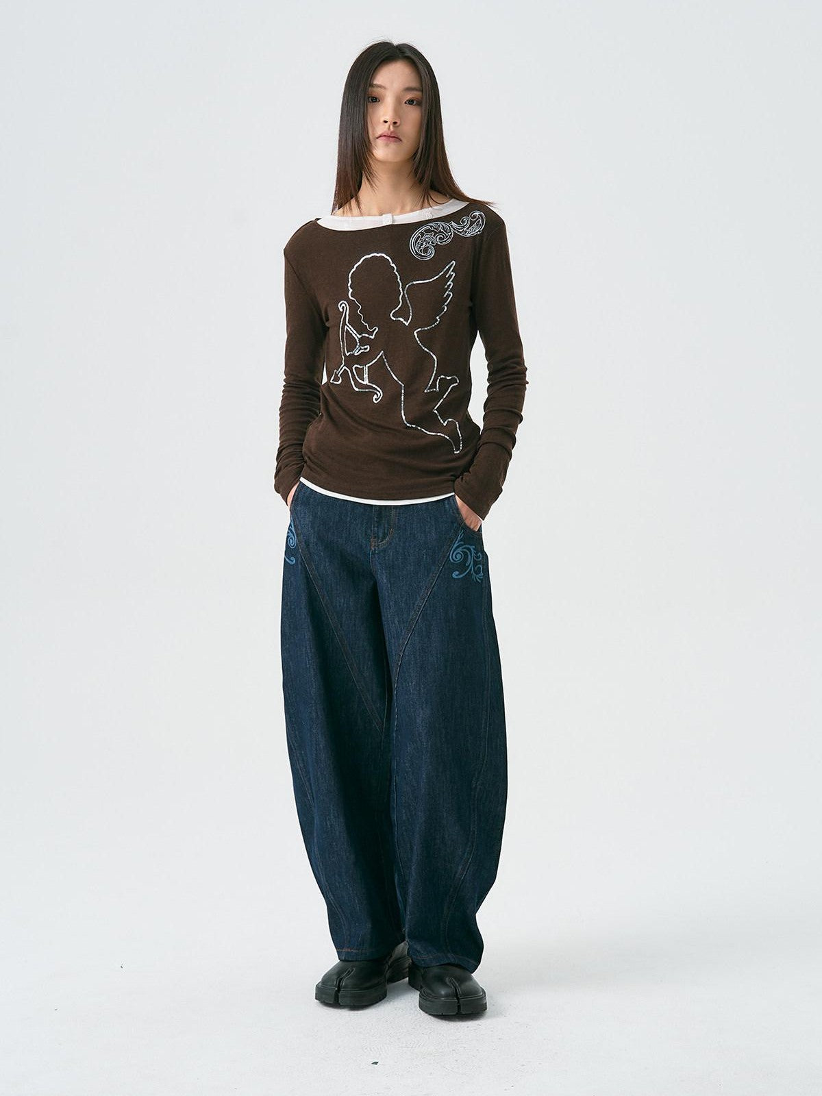 APRIORITY Hand Painted Heart Cross Print Women's Lyocell Wool Long Sleeve T-shirts