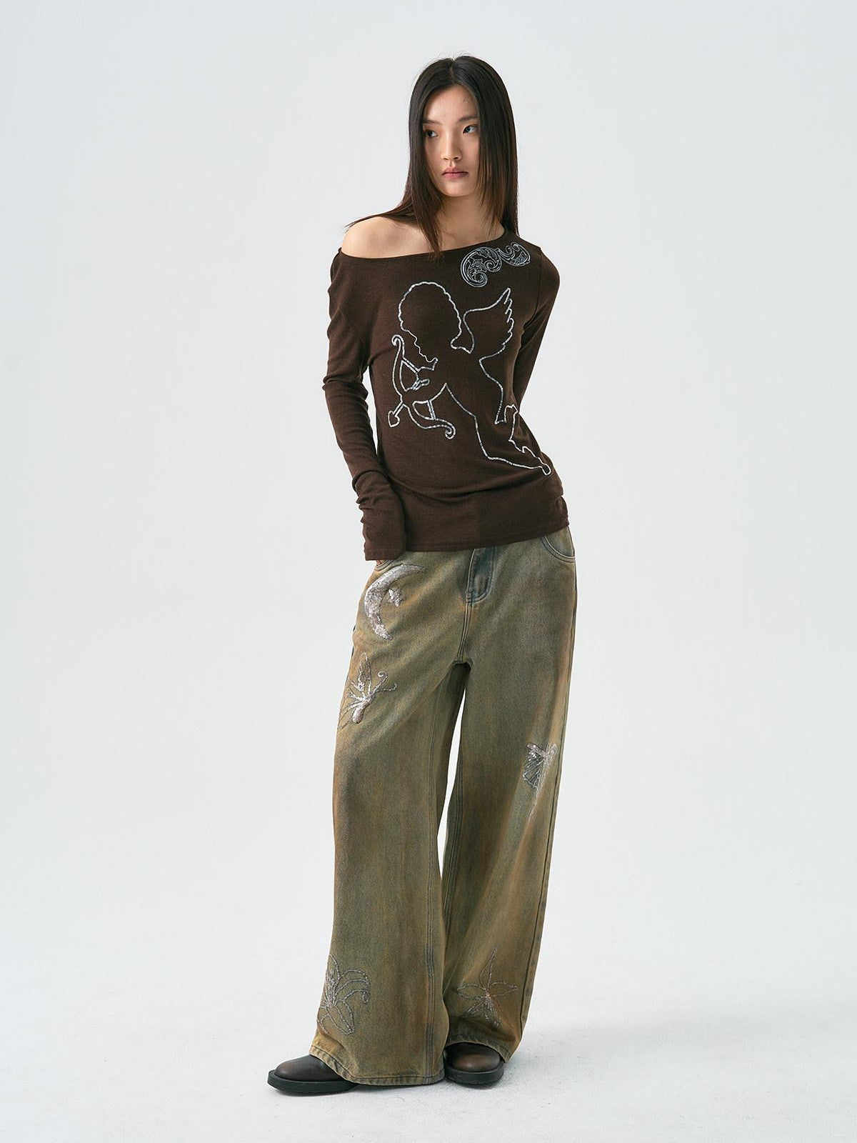 APRIORITY Hand Painted Heart Cross Print Women's Lyocell Wool Long Sleeve T-shirts