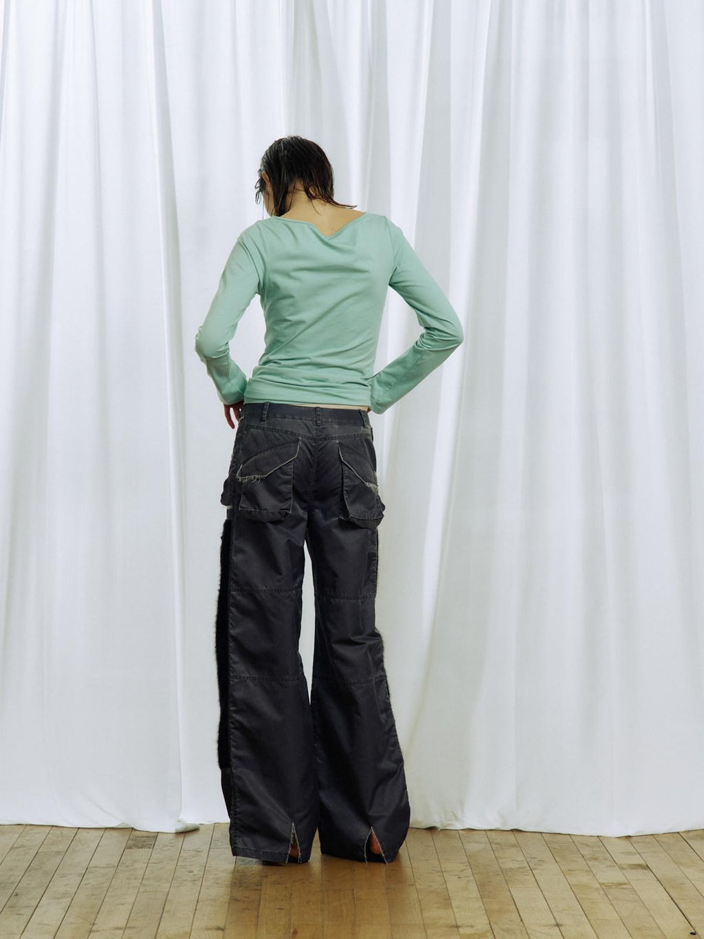 APRIORITY Heart Print Double Knee Patchwork Distressed Women's Nylon Cargo Pants