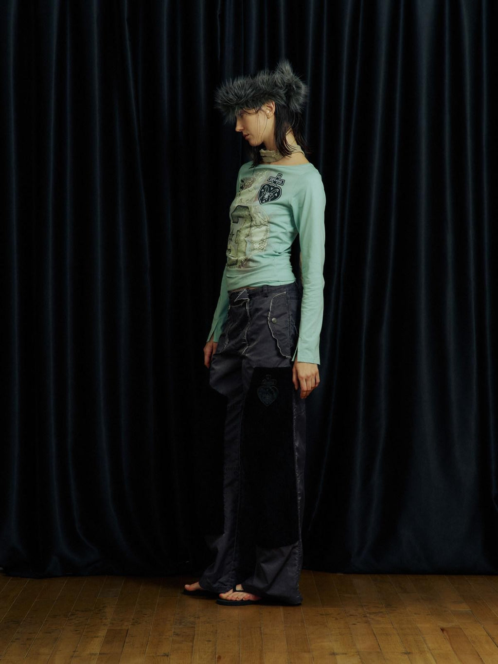 APRIORITY Heart Print Double Knee Patchwork Distressed Women's Nylon Cargo Pants